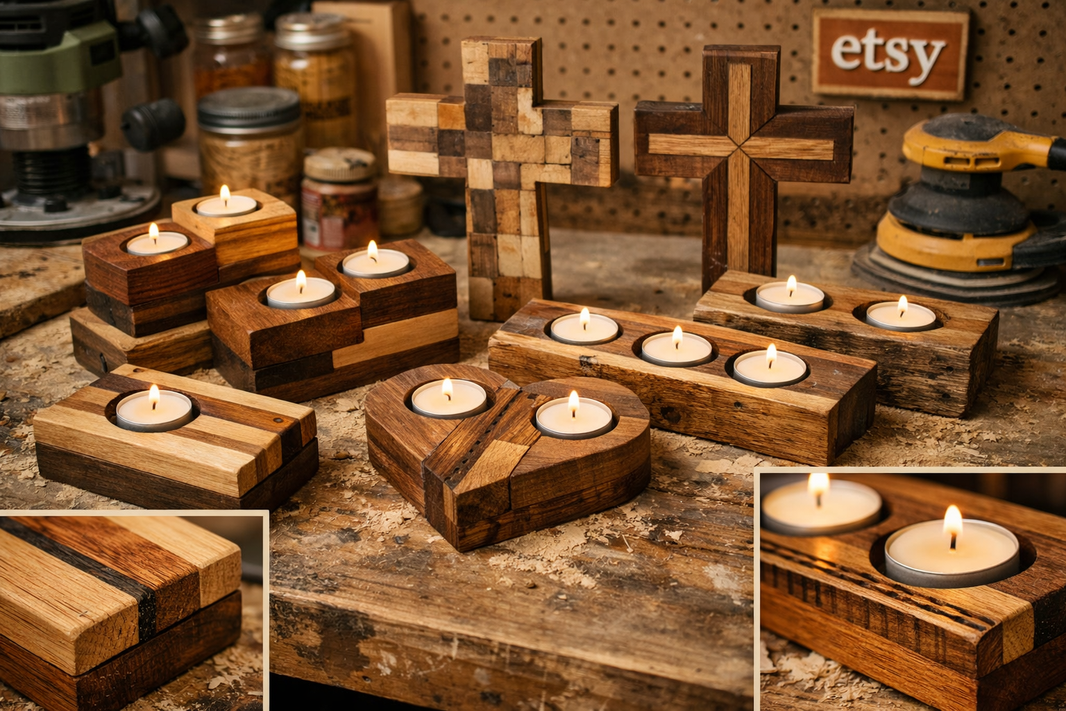 () image showcasing a collection of diverse tealight candle holders and cross wall art pieces, all crafted from different