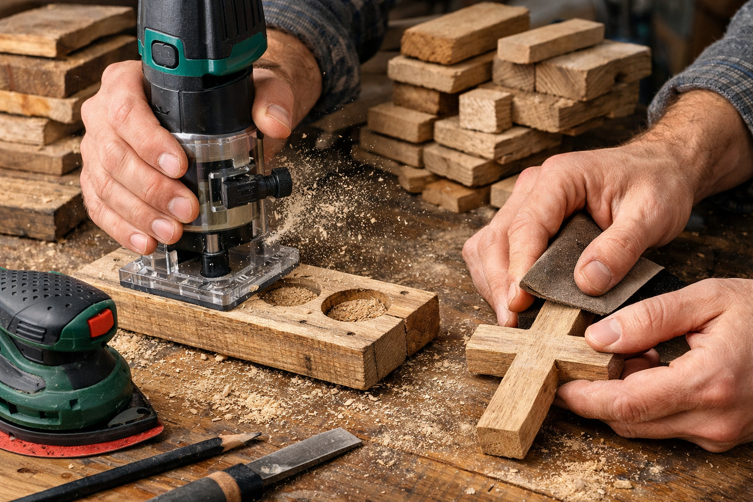 () image illustrating the woodworking process for creating small scrap wood projects. A craftsman's hands are visible,