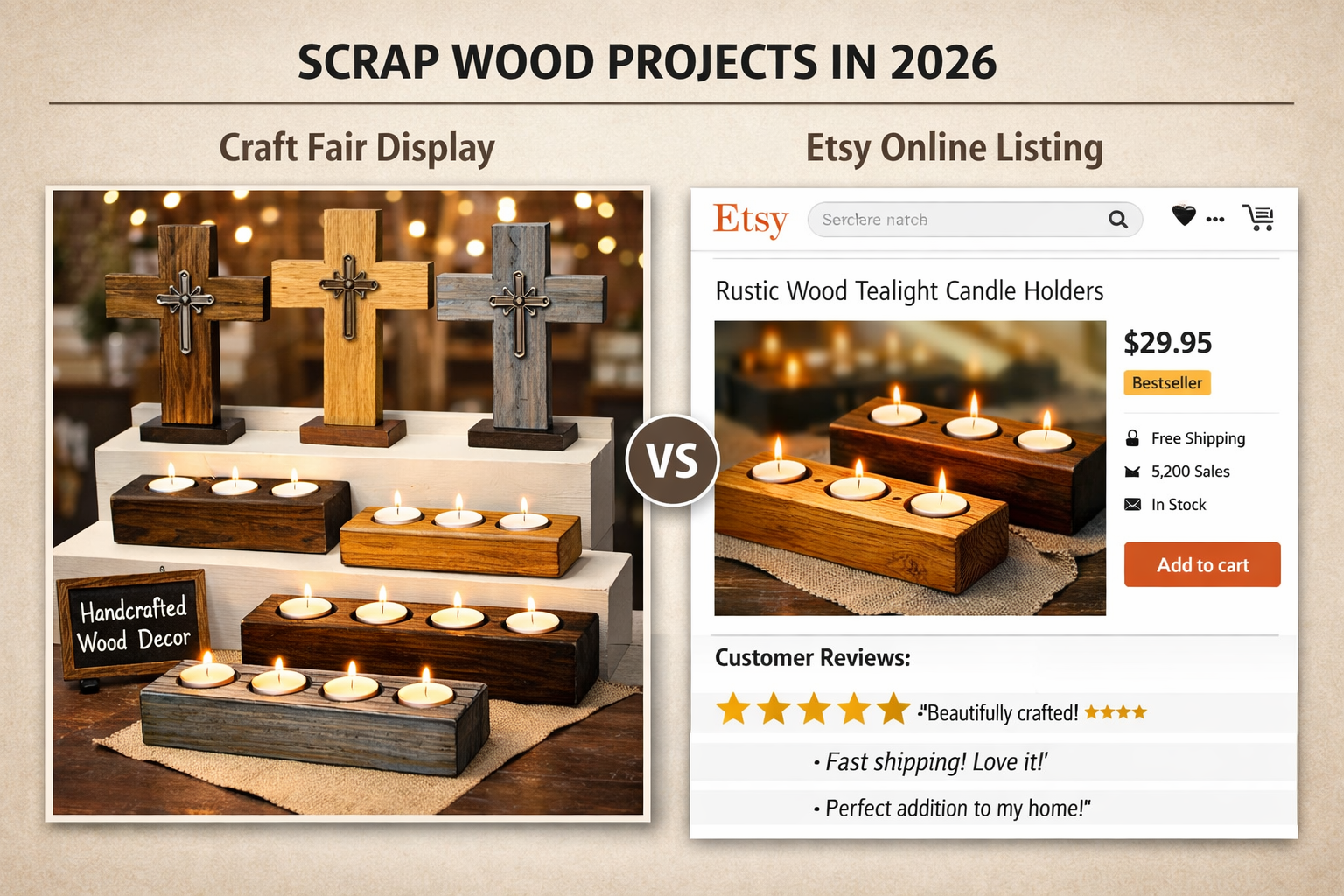 () image presenting a side-by-side comparison of different finishes and sales strategies for scrap wood projects. One side