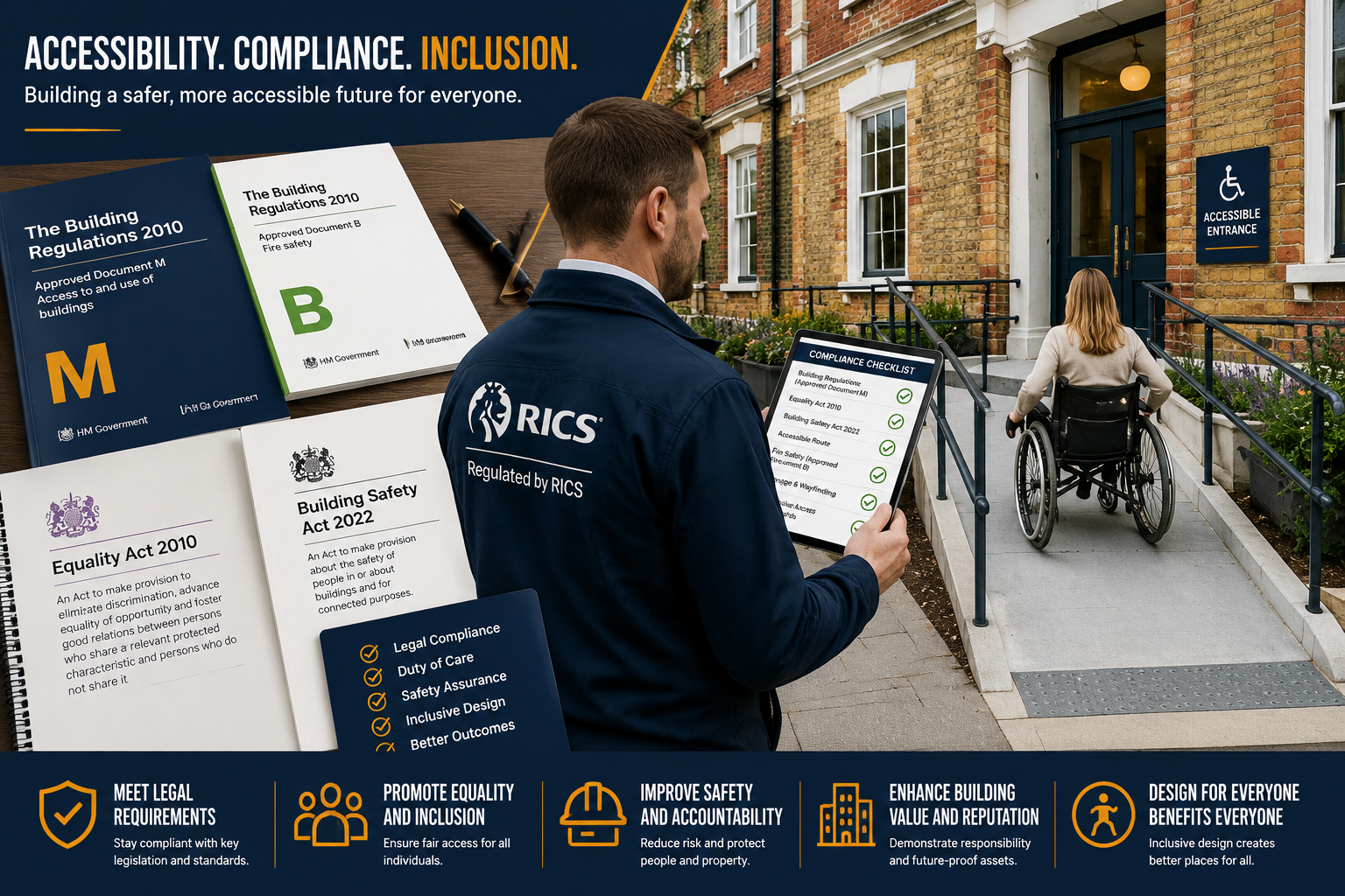 Detailed () showing a split-scene infographic: left side features UK building regulations documents, Equality Act 2010 text,
