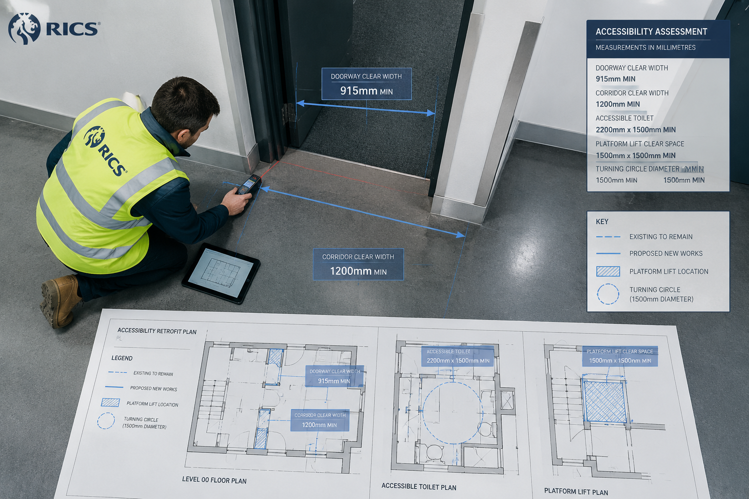 () aerial bird's-eye view of a RICS surveyor kneeling on a commercial building floor, using a laser measuring device to