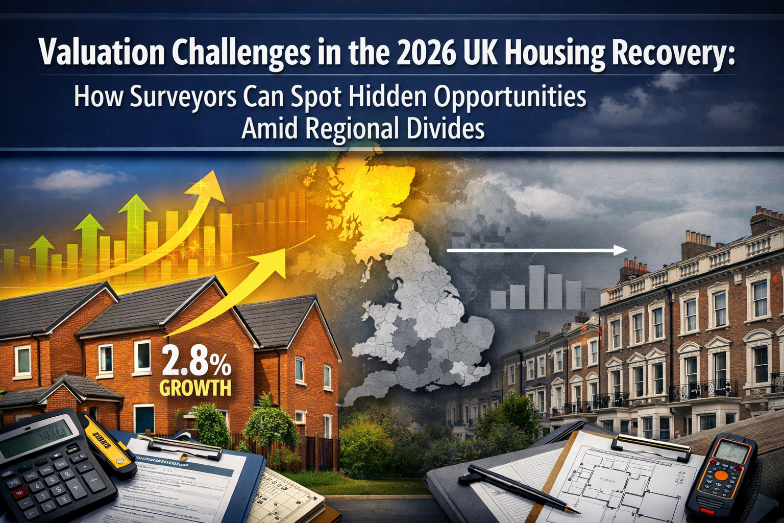 Professional landscape format (1536x1024) hero image featuring bold text overlay 'Valuation Challenges in the 2026 UK Housing Recovery: How