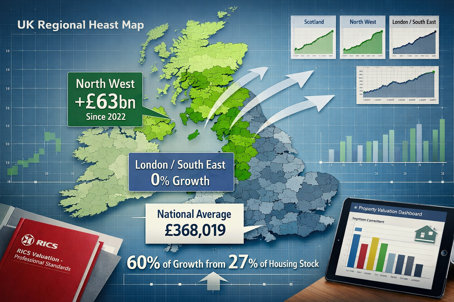 Detailed landscape format (1536x1024) image showing comprehensive UK regional housing market heat map for 2026 with distinct color-coded zon