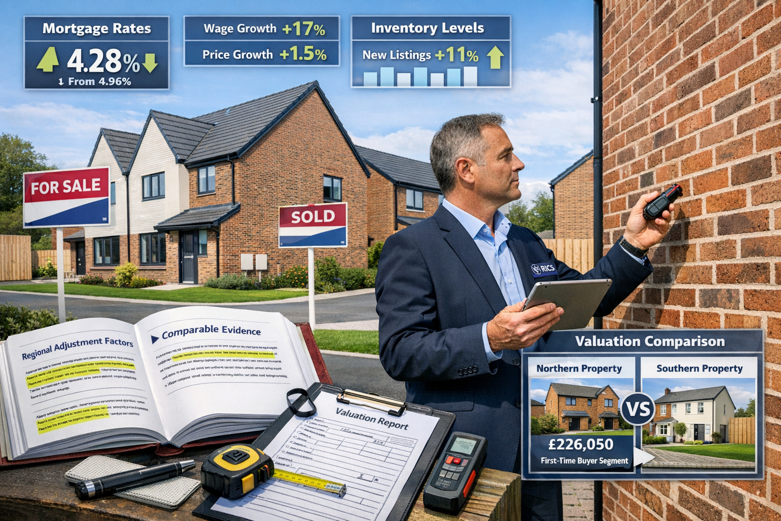 Detailed landscape format (1536x1024) professional composition showing surveyor conducting property inspection in modern northern England ne
