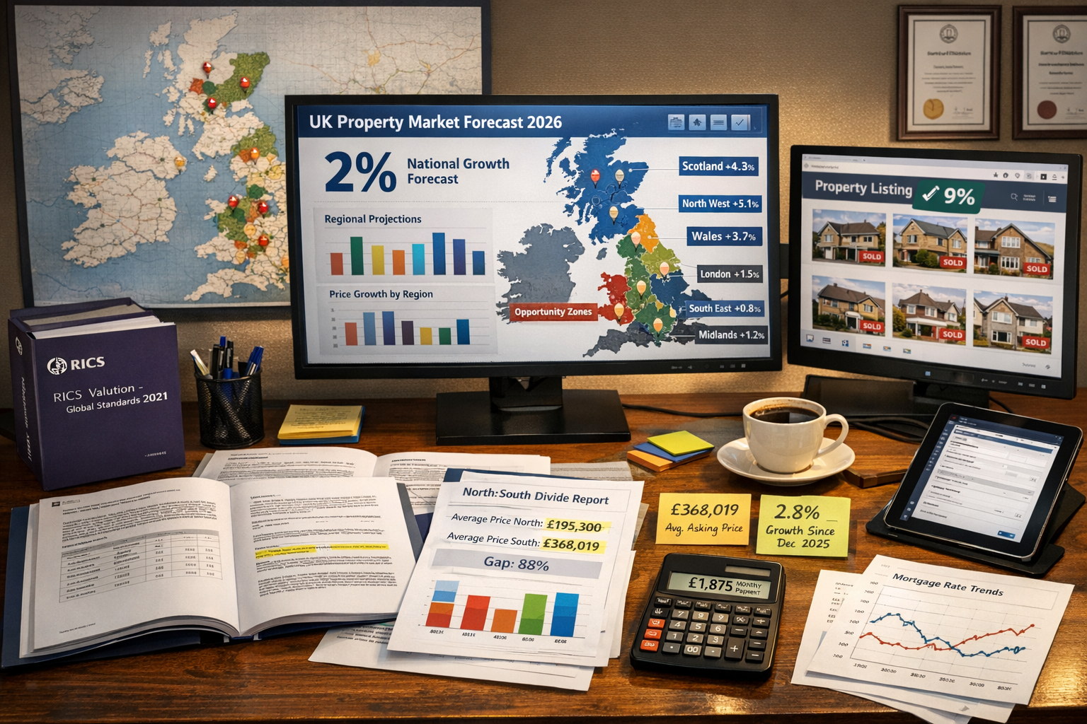 Detailed landscape format (1536x1024) strategic planning image showing professional surveyor's desk workspace with multiple screens and docu
