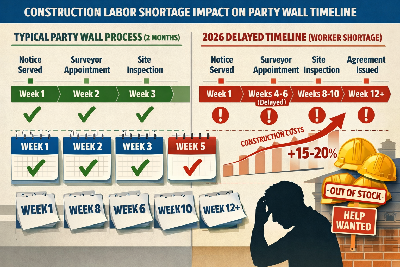 Landscape format (1536x1024) detailed illustration showing construction labor shortage impact on party wall timeline, split-screen compositi