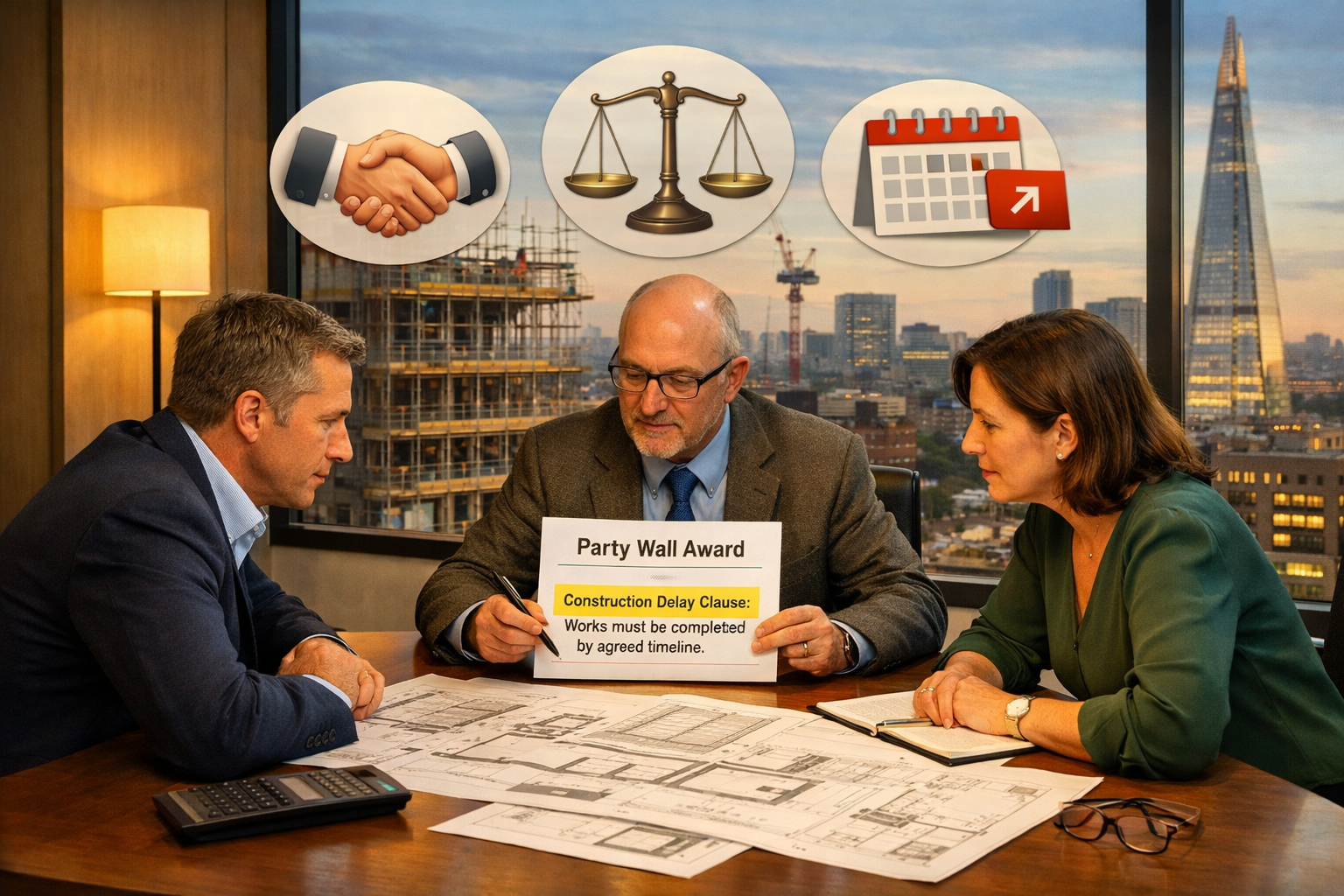 Landscape format (1536x1024) professional scene depicting party wall dispute resolution strategies, central image of three-way negotiation t