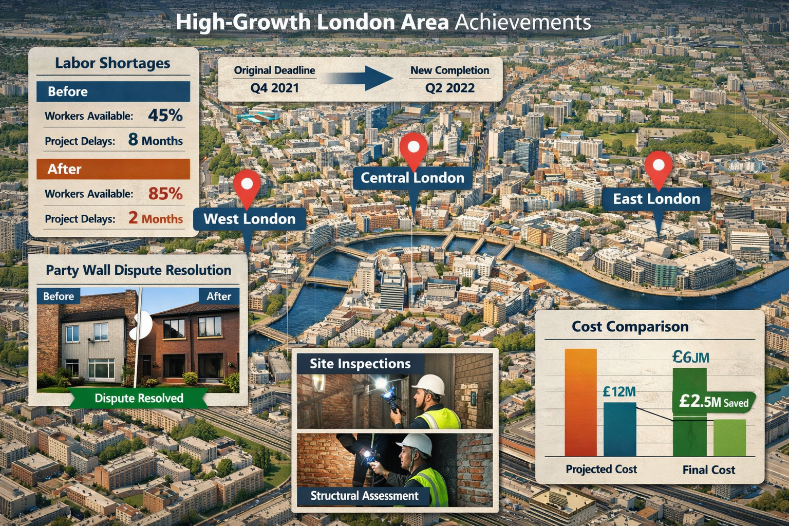 Landscape format (1536x1024) detailed case study visualization showing high-growth London area map with pinpoint markers on West London, Cen