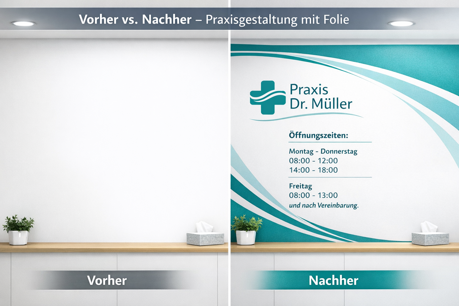 () illustration showing a split-view comparison of a plain, unbranded German Arztpraxis reception wall on the left versus