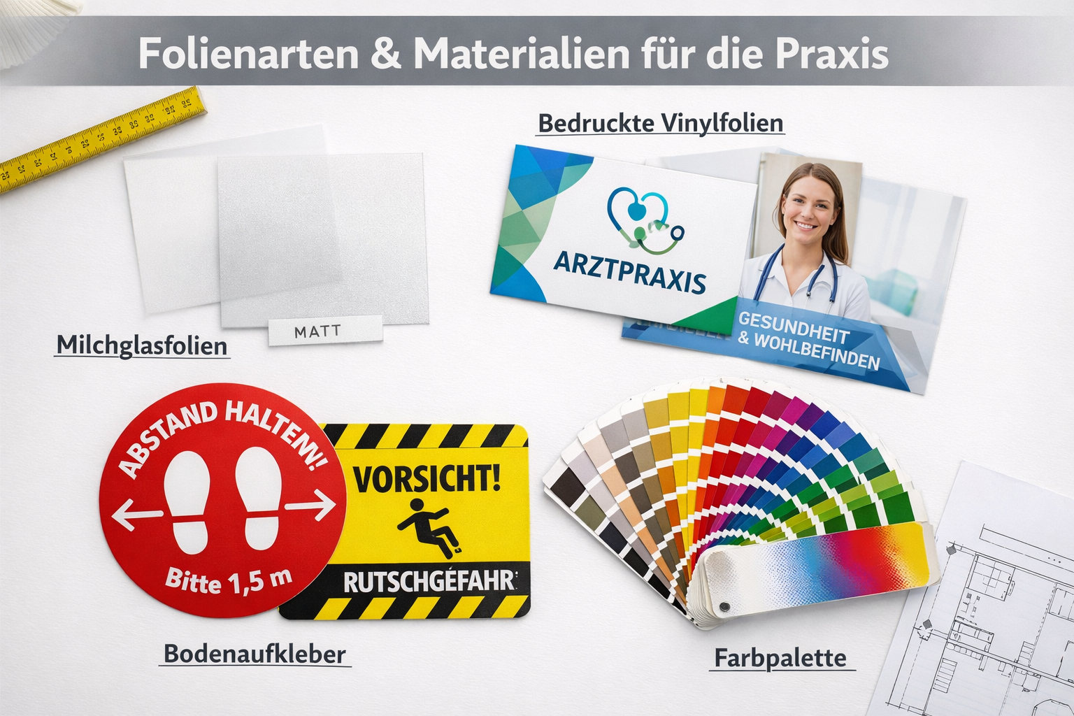 () overhead flat-lay composition showing material samples for Arztpraxis Beklebung: frosted glass foil swatches, full-color