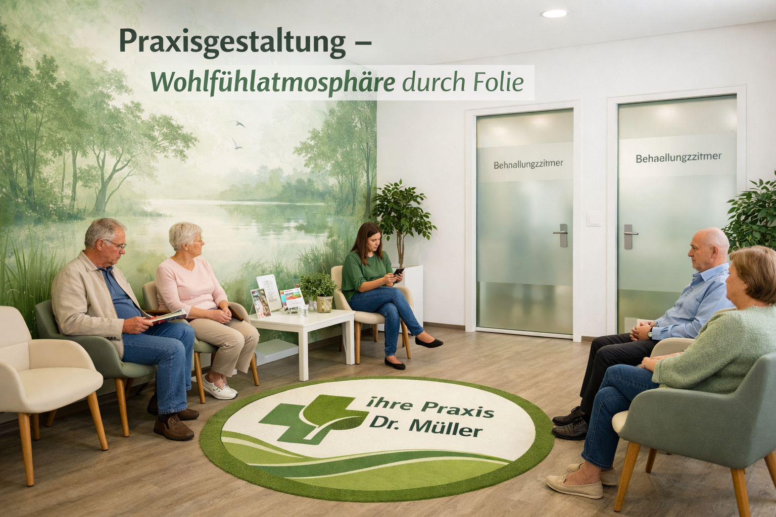 () wide-angle interior shot of a finished German Arztpraxis waiting room featuring professional Wandbeklebung with calming