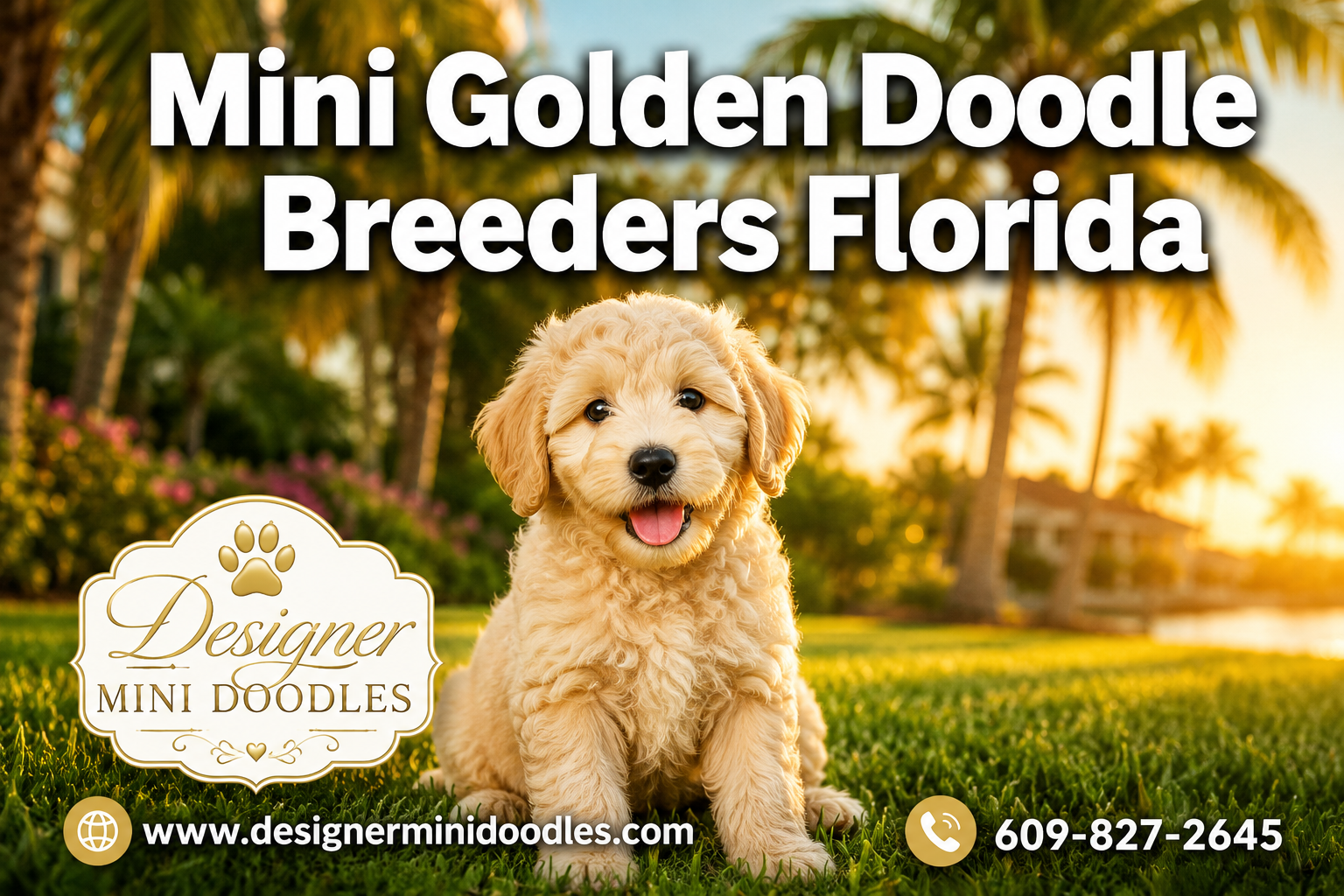 Professional () hero image with : 'Mini Golden Doodle Breeders Florida' in extra large white with dark effect, centered in