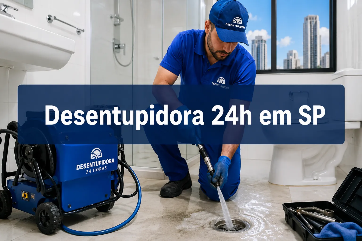 Professional () hero image with (≤42 chars): 'Desentupidora 24h em SP' in crisp white on a deep navy semi-transparent panel,