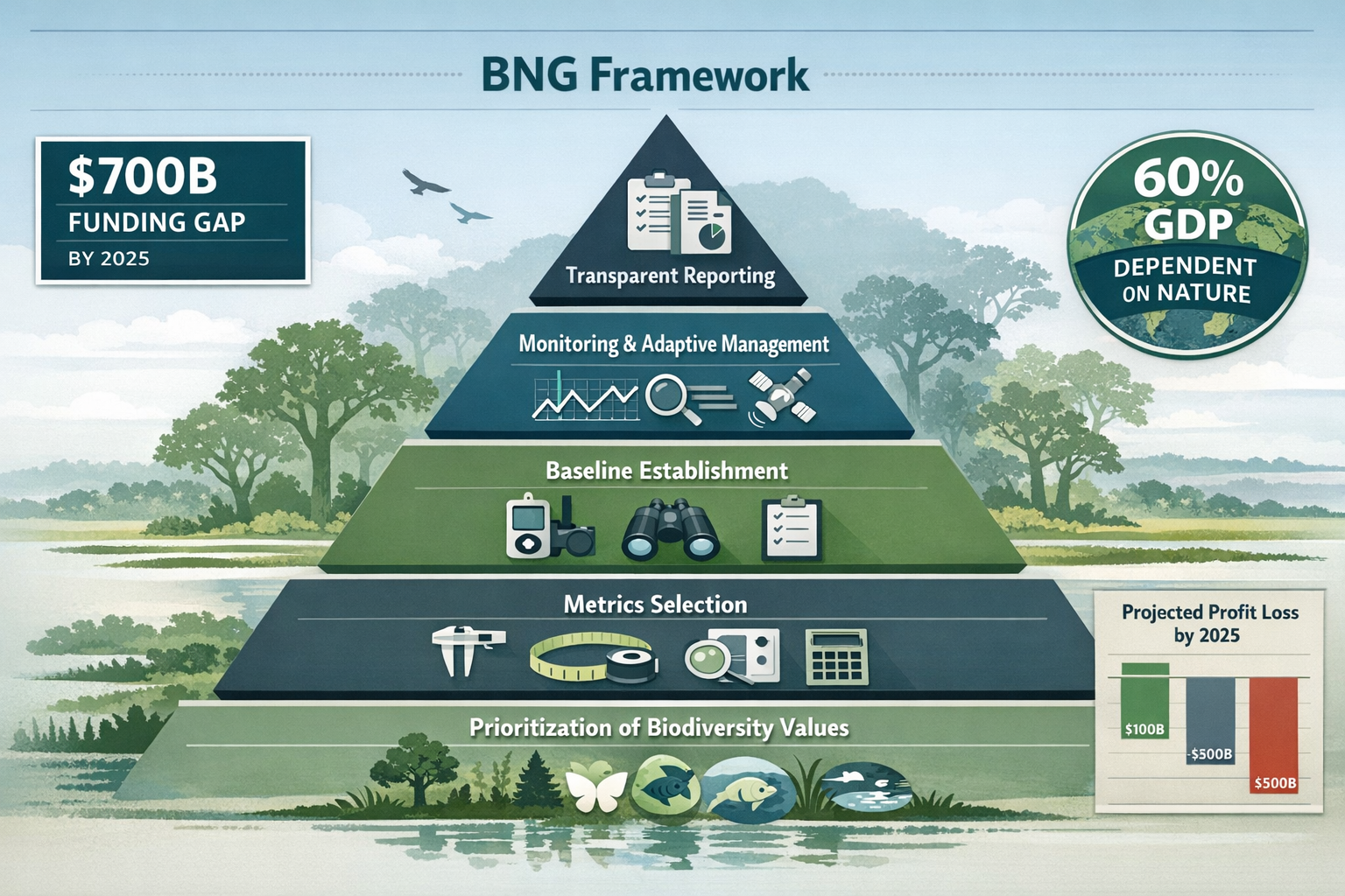 () detailed infographic showing five-step BNG framework pyramid with labeled tiers: base tier 'Prioritization of