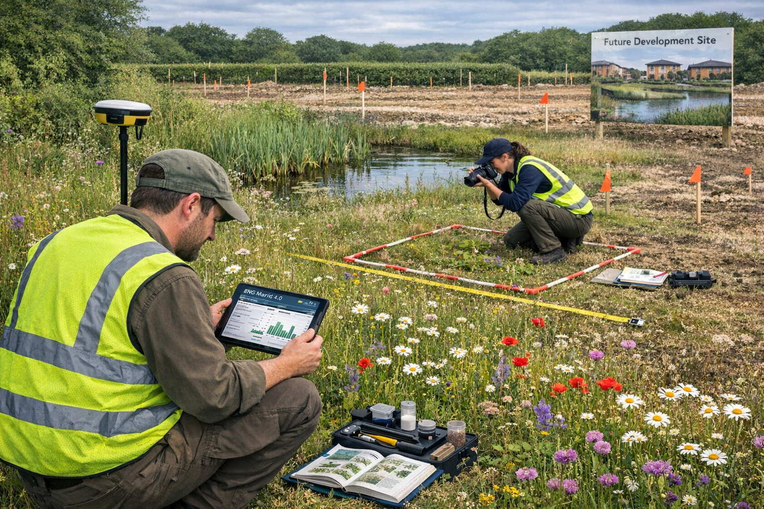 () realistic field scene showing biodiversity surveyor team conducting 2026 assessment in UK development site. Foreground: