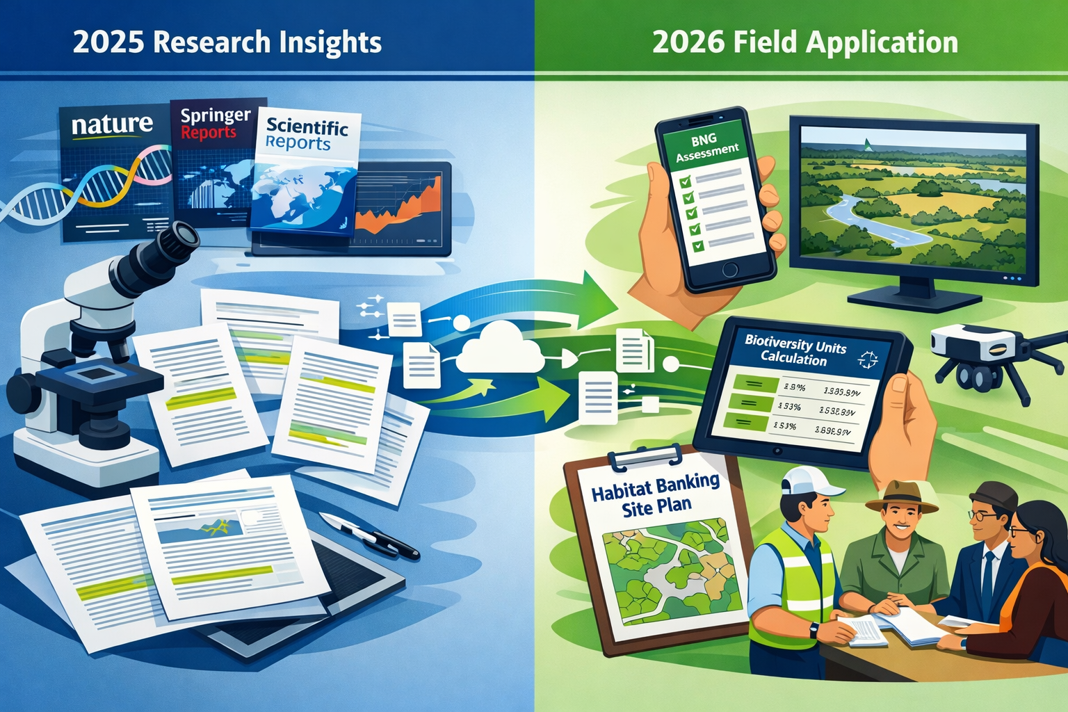 () conceptual split-screen comparison illustration. Left panel labeled '2025 Research Insights' shows academic setting with