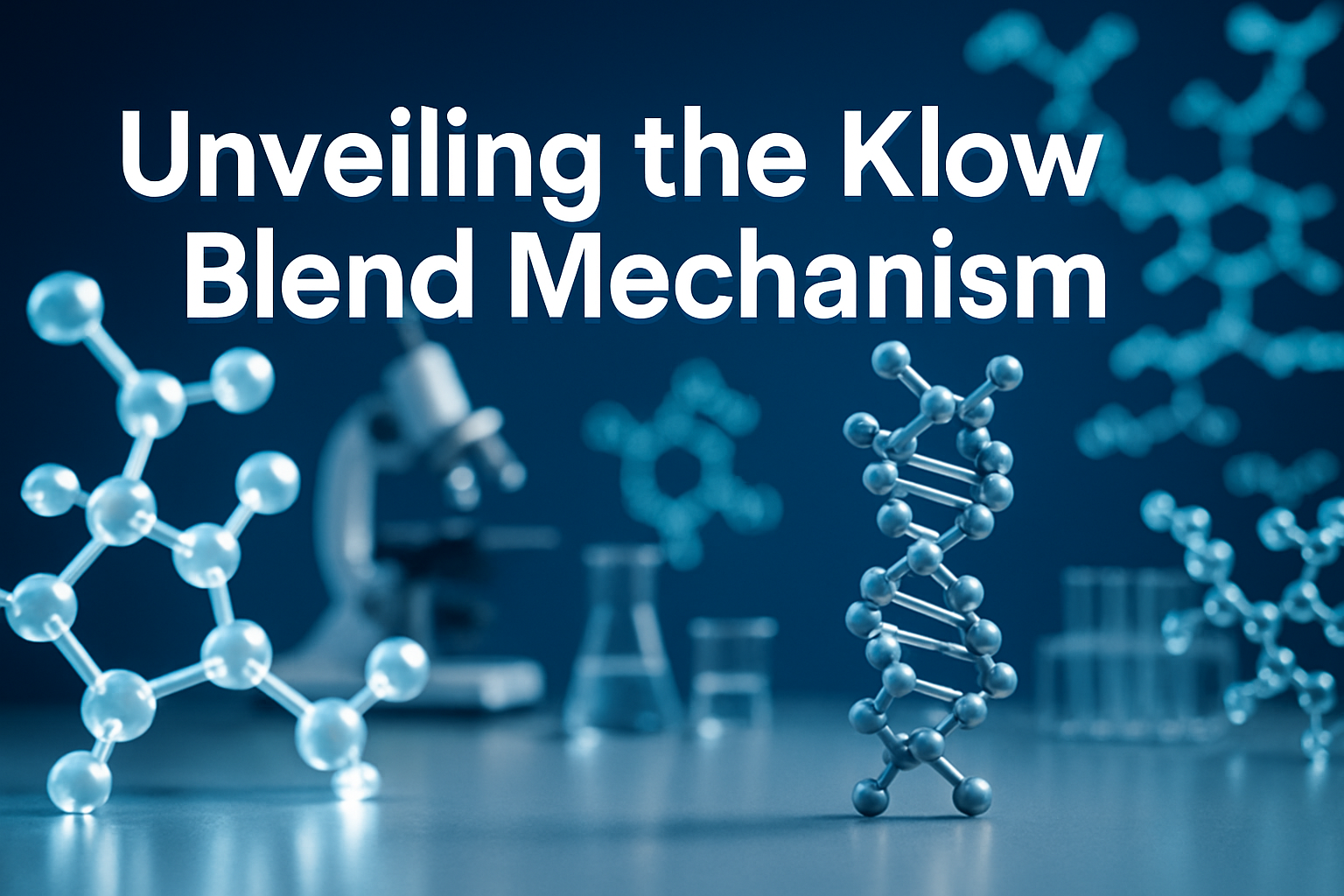 Professional landscape hero image (1536x1024) with bold text overlay: 'Unveiling the Klow Blend Mechanism', modern sans-serif 70pt white tex