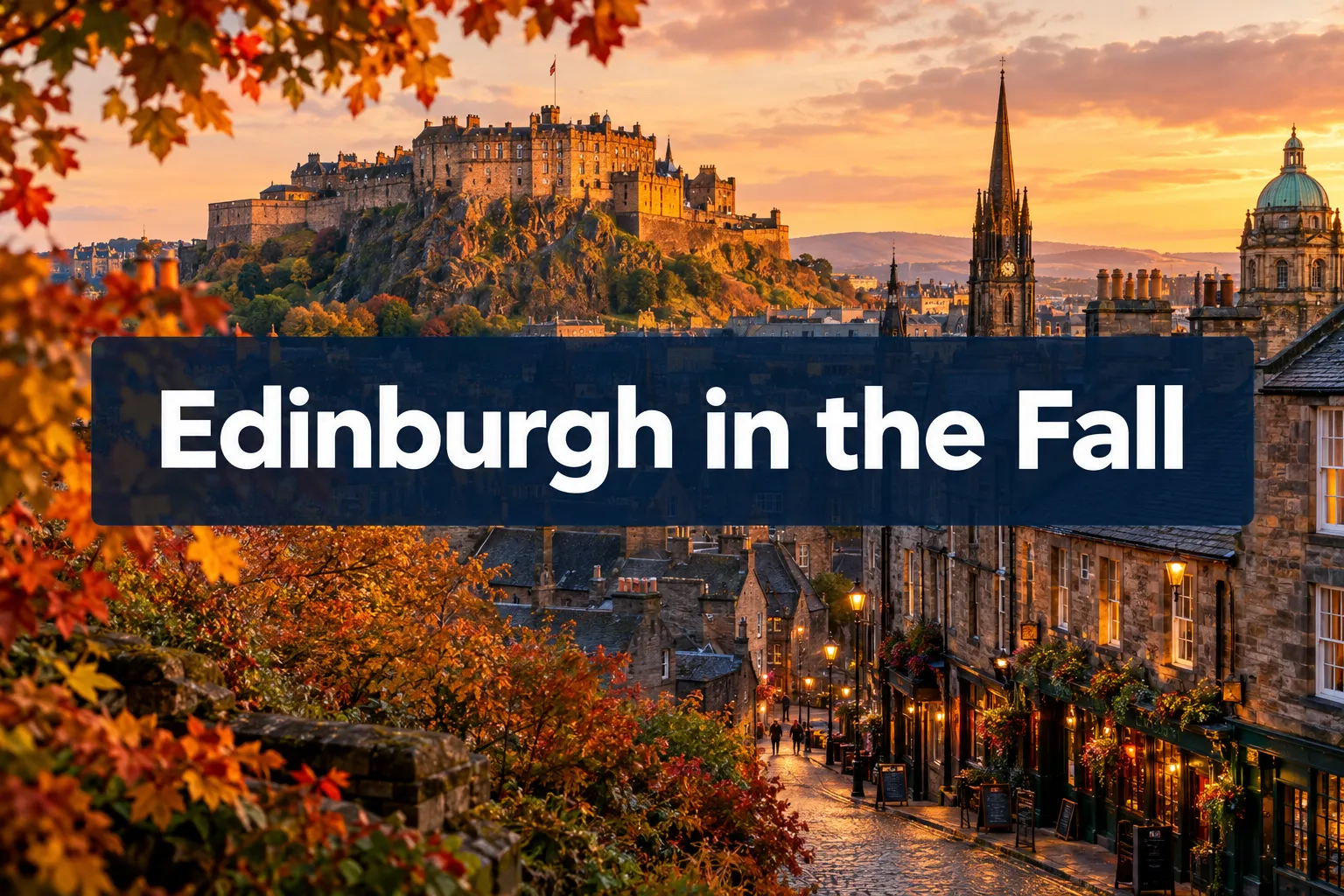 Professional () hero image with 'Edinburgh in the Fall' in crisp white on a semi-transparent dark navy panel, centered with