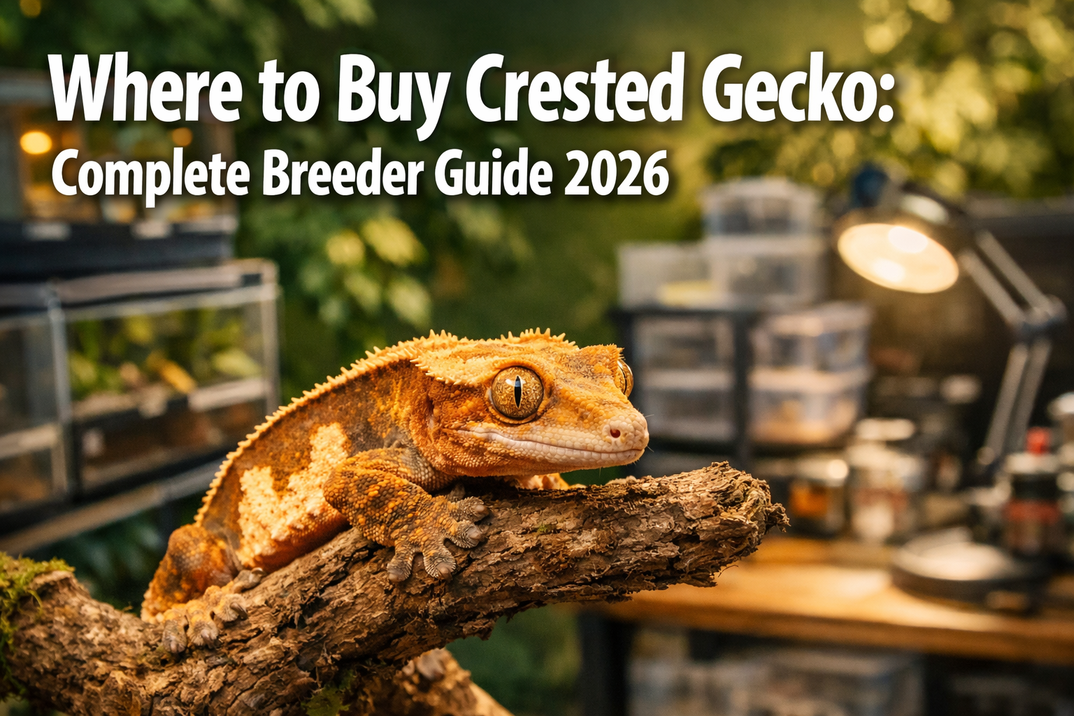 Professional landscape format (1536x1024) hero image featuring bold text overlay 'Where to Buy Crested Gecko: Complete Breeder Guide 2026' i