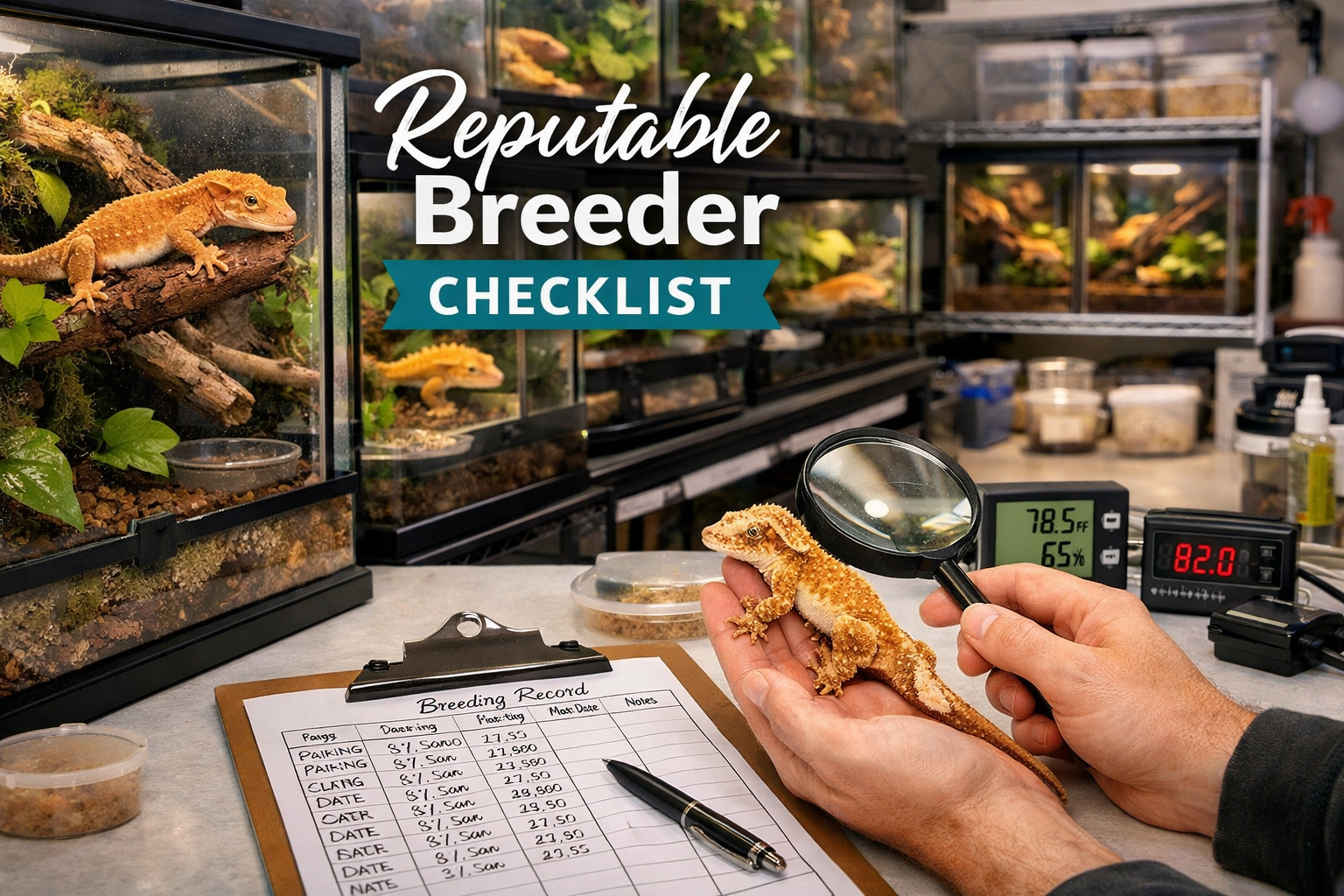 Detailed landscape format (1536x1024) image showing professional reptile breeding facility with multiple terrarium setups, healthy crested g