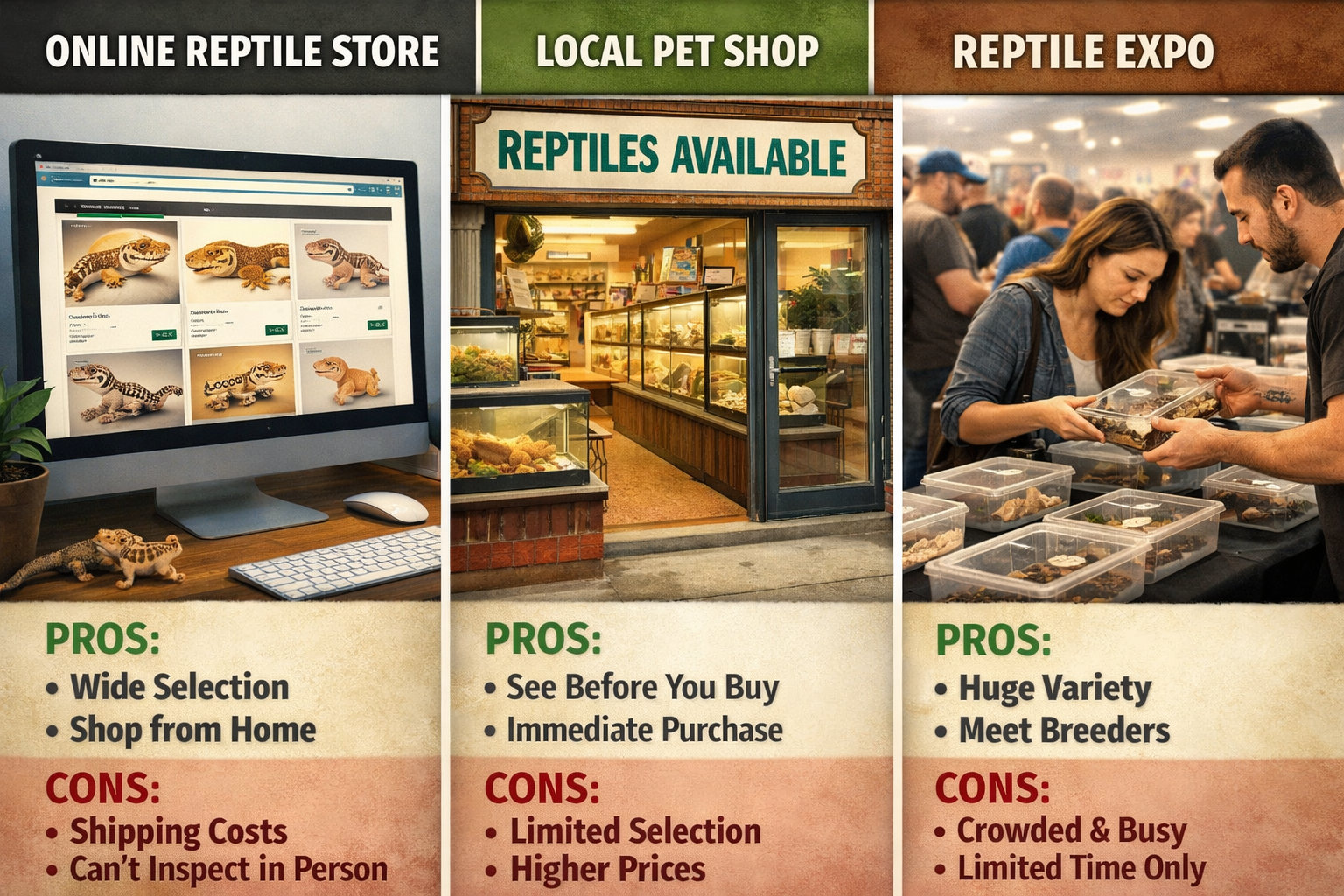 Landscape format (1536x1024) comparison visual showing three distinct purchasing channels: online reptile store with computer screen display