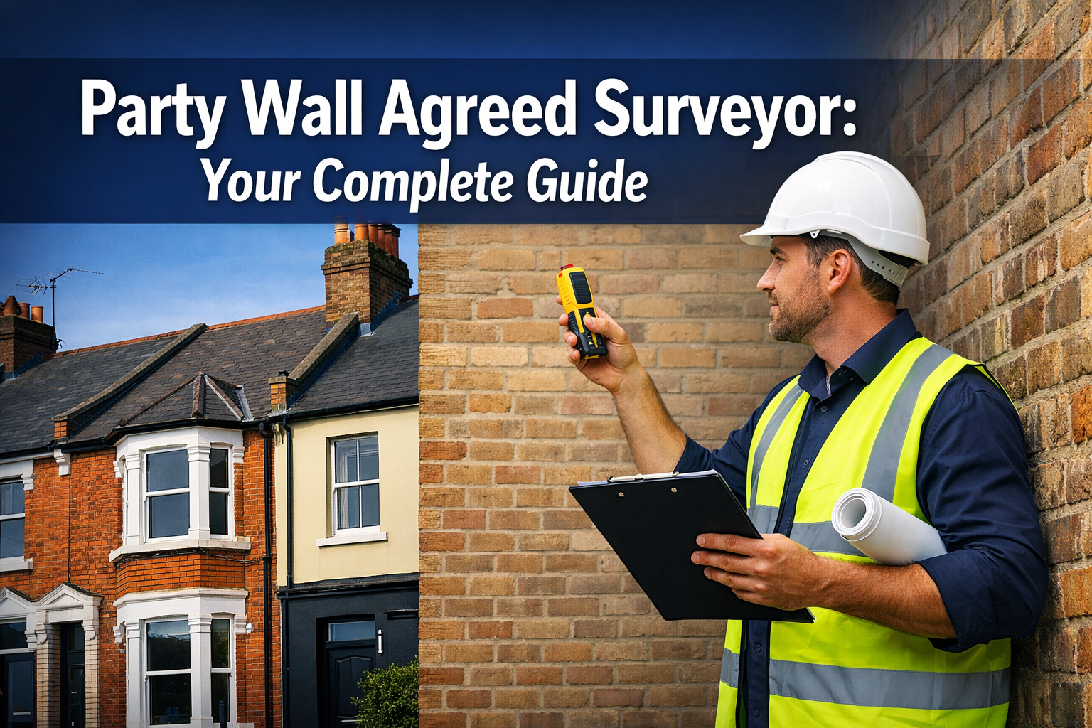 Professional landscape hero image (1536x1024) featuring bold text overlay 'Party Wall Agreed Surveyor: Your Complete Guide' in extra large 7