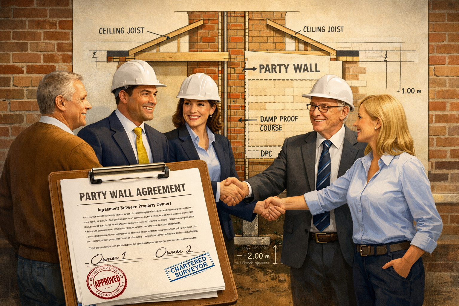 Detailed editorial illustration (1536x1024) showing three professional surveyors in business attire and hard hats standing between two prope