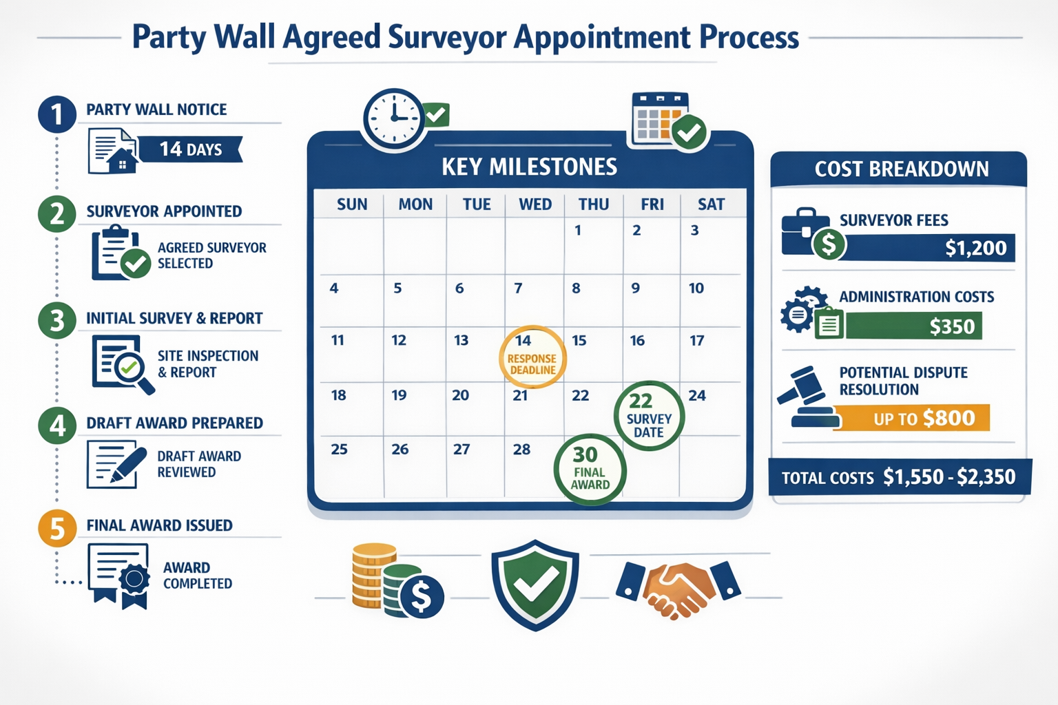 Comprehensive infographic-style illustration (1536x1024) displaying party wall agreed surveyor appointment process as flowchart. Left side s