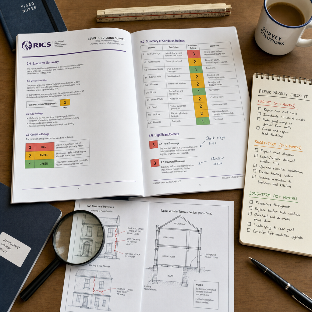 Detailed () editorial illustration showing a large open RICS Level 3 building survey report document spread across a wooden