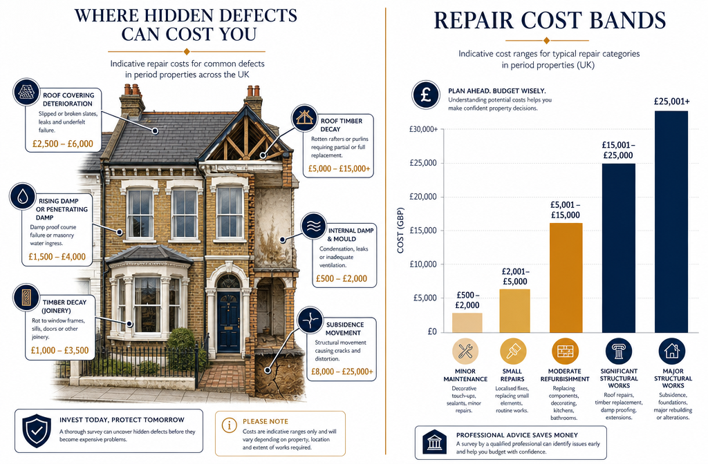() split-screen infographic style image: left side shows a UK period property with annotated defect markers (roof, damp,