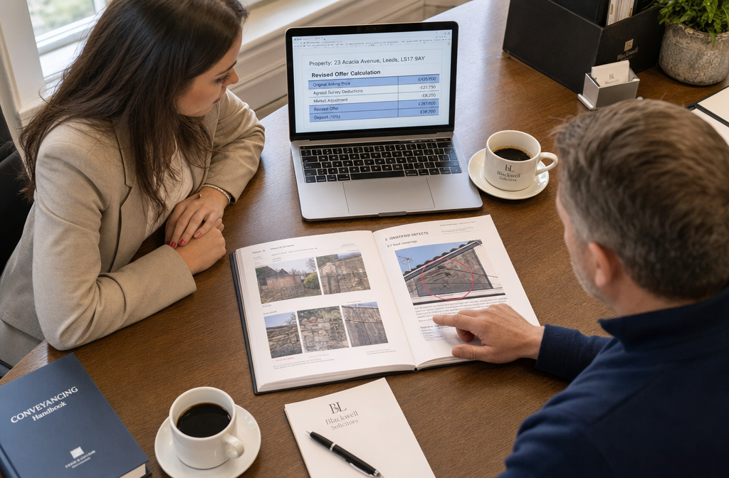 () scene showing a UK property negotiation meeting at a solicitor's office table: a buyer and estate agent facing each
