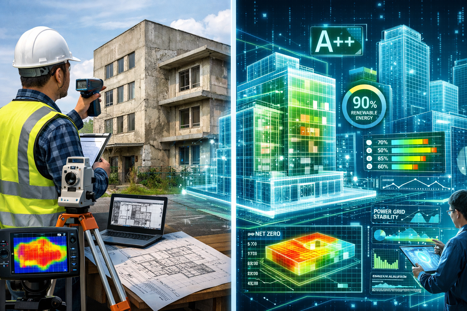 Architectural visualization of building survey evolution in 2026, split-screen composition showing traditional building