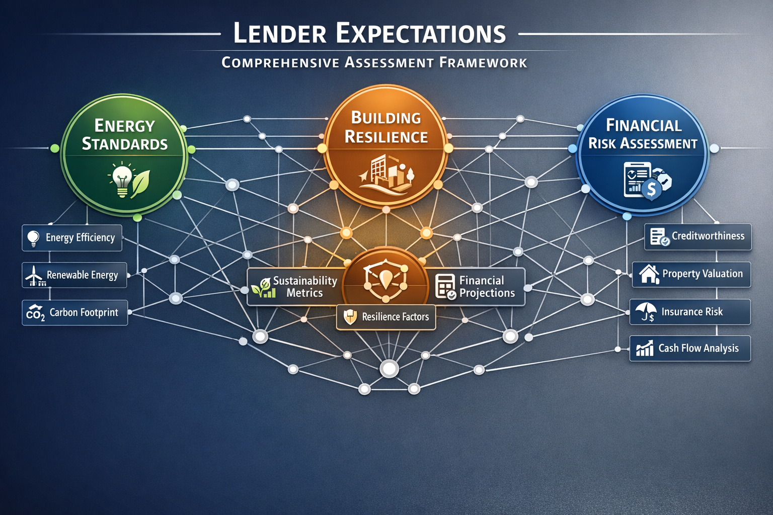 Comprehensive assessment framework visualization depicting lender expectations, featuring an intricate network diagram