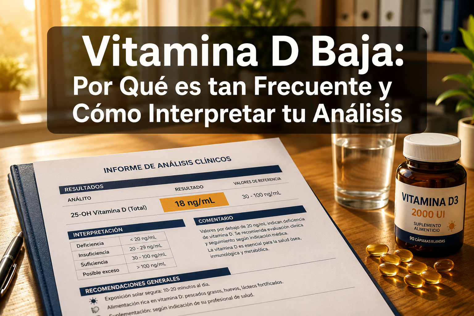Professional () hero image with Spanish 'Vitamina D Baja: Por Qué es tan Frecuente y Cómo Interpretar tu Análisis' in extra