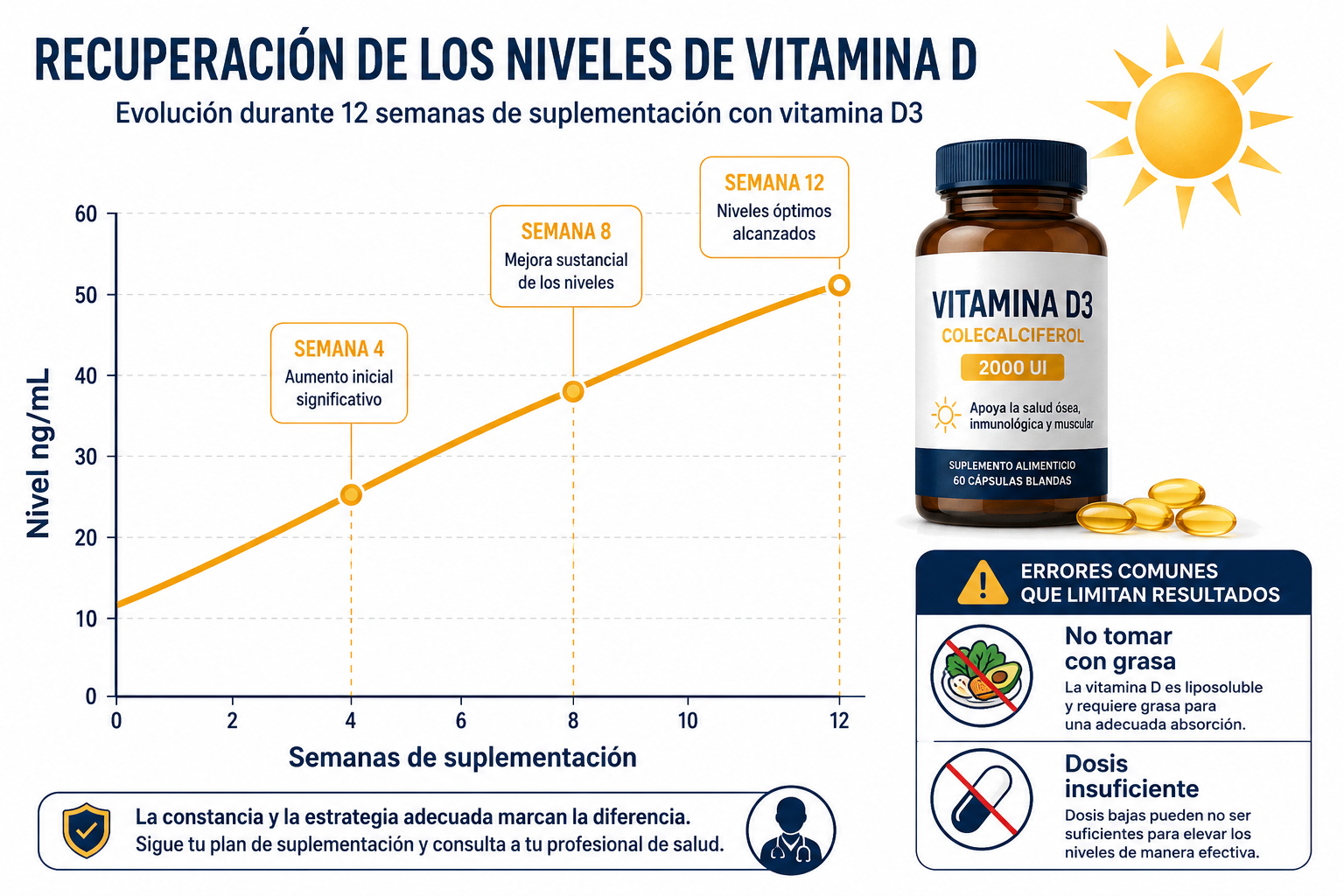 () depicting a timeline graphic showing recovery of vitamina D levels over 12 weeks of supplementation. A rising curve graph