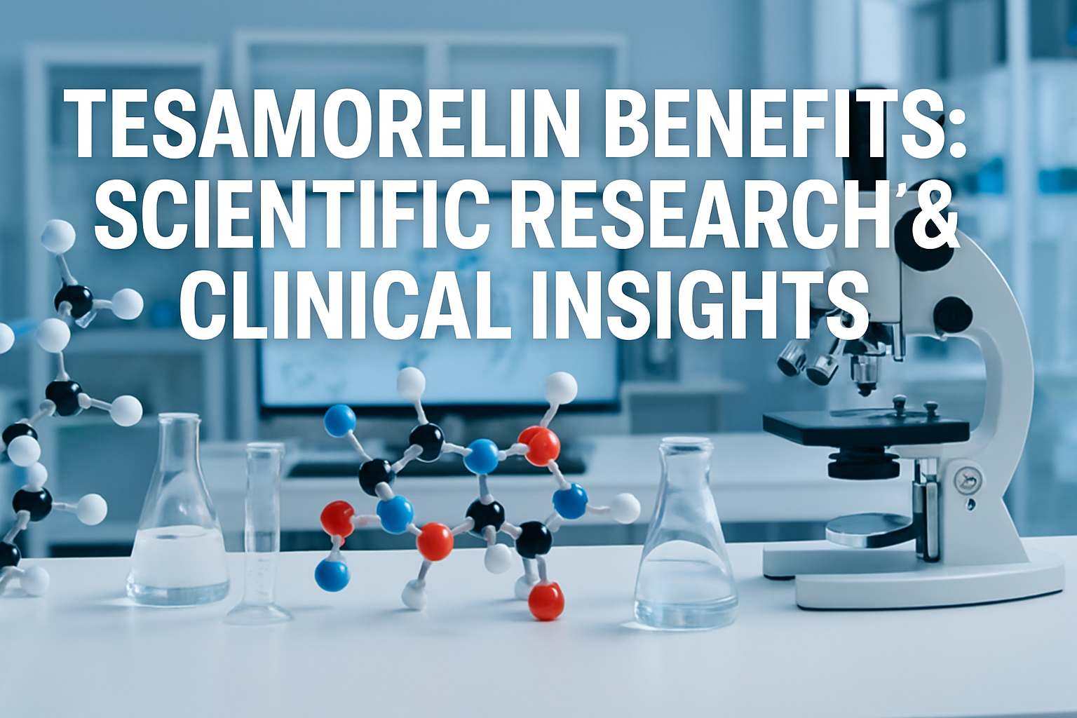Professional landscape hero image (1536x1024) featuring bold text overlay 'Tesamorelin Benefits: Scientific Research & Clinical Insights' in
