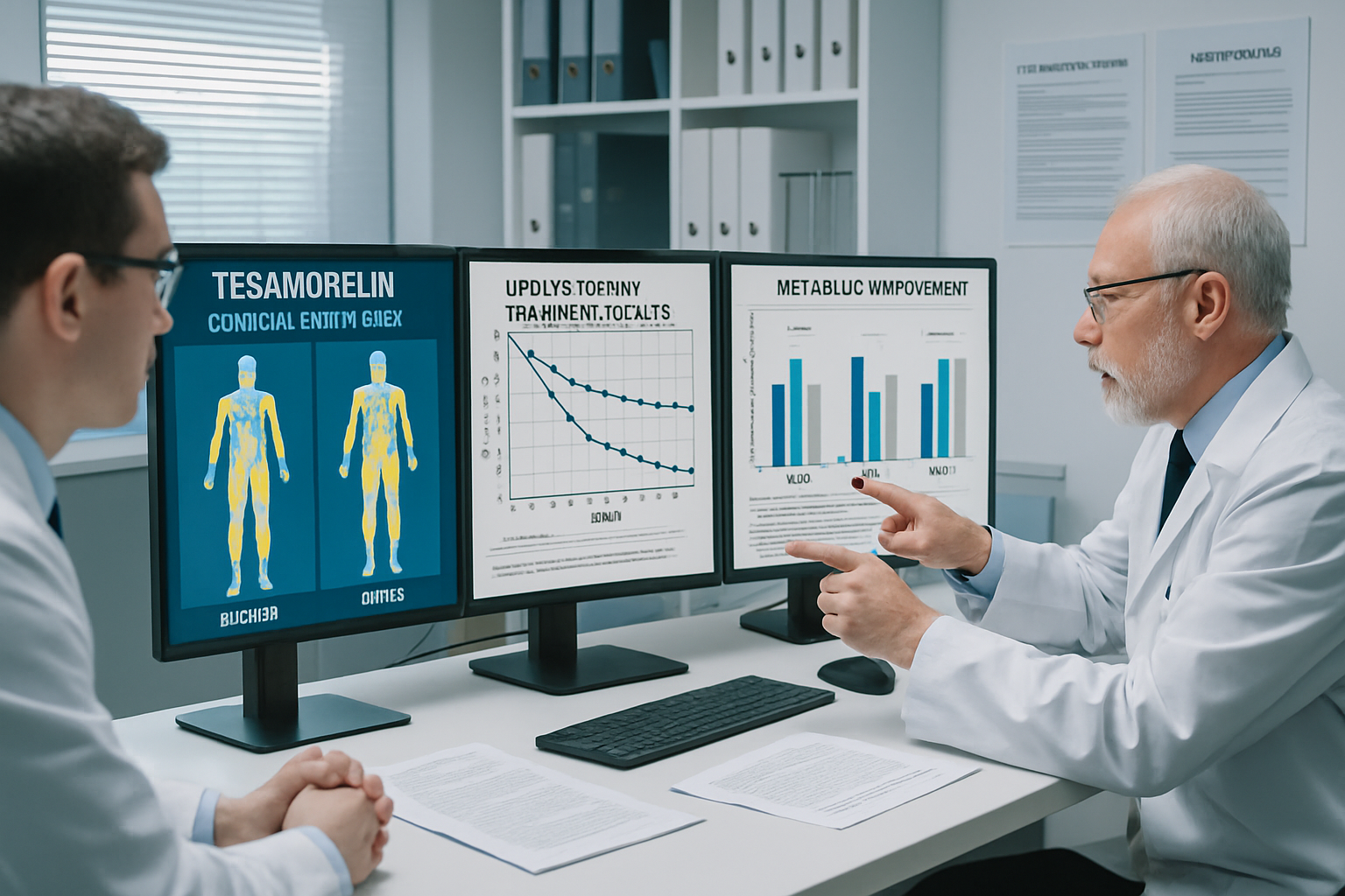 Research facility interior with scientists analyzing tesa clinical trial data on multiple monitors, showing before/after body composi