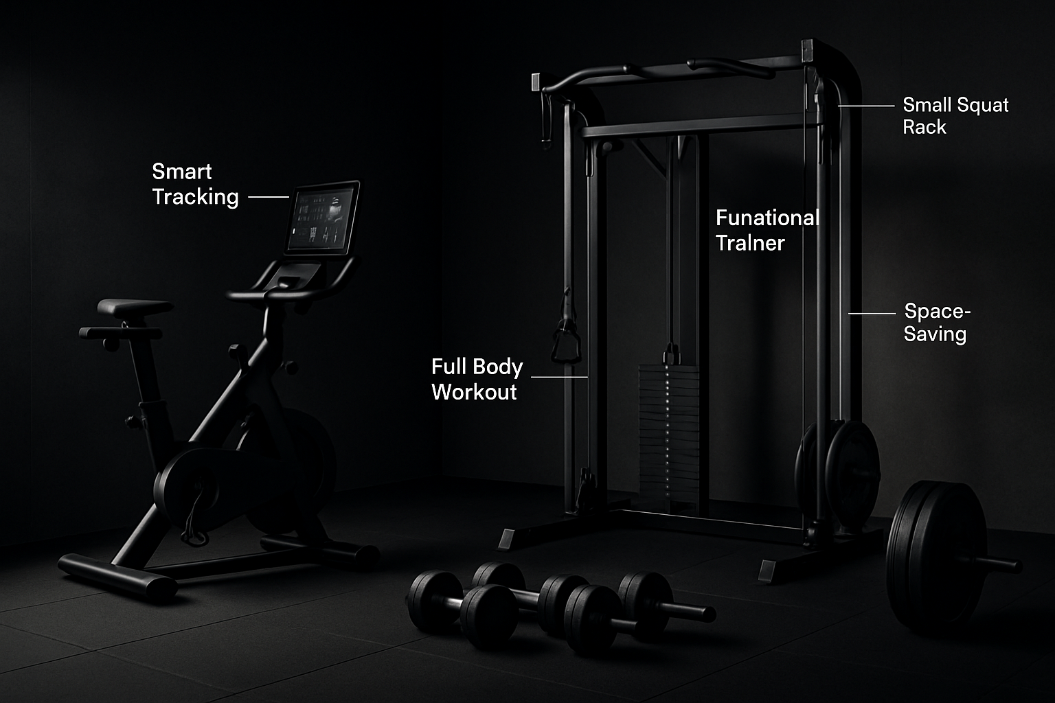 A visually compelling landscape image (1536x1024) showcasing advanced and specialized home workout tools in a dedicated home gym environment