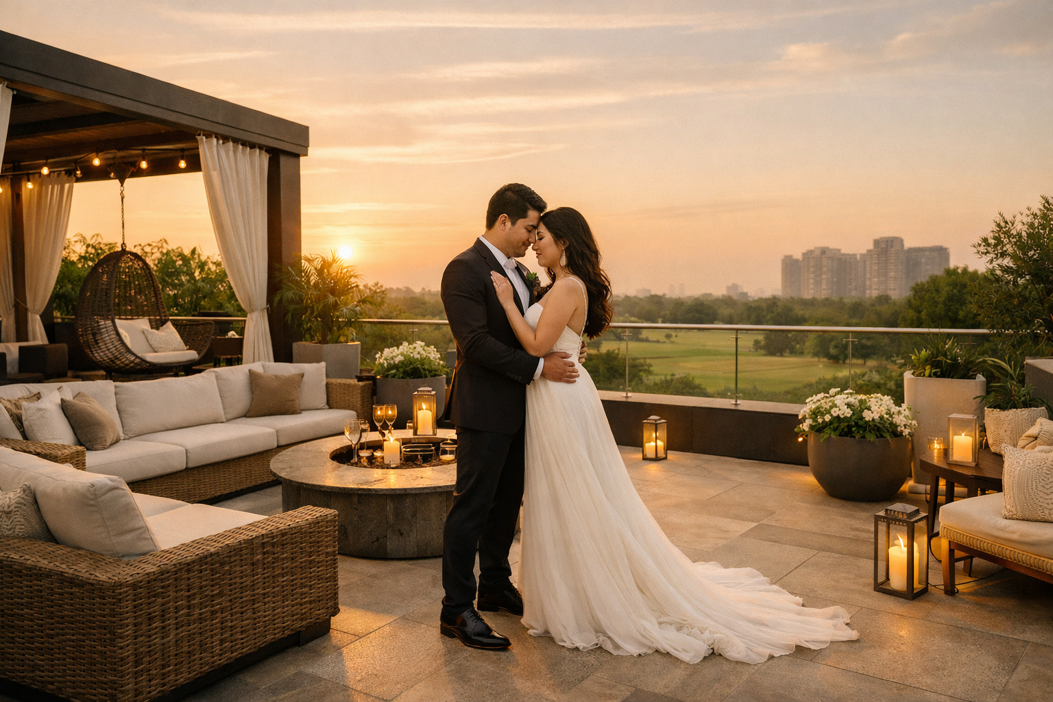 A beautifully composed landscape image () showcasing a couple in elegant wedding attire during a pre-wedding photoshoot on a
