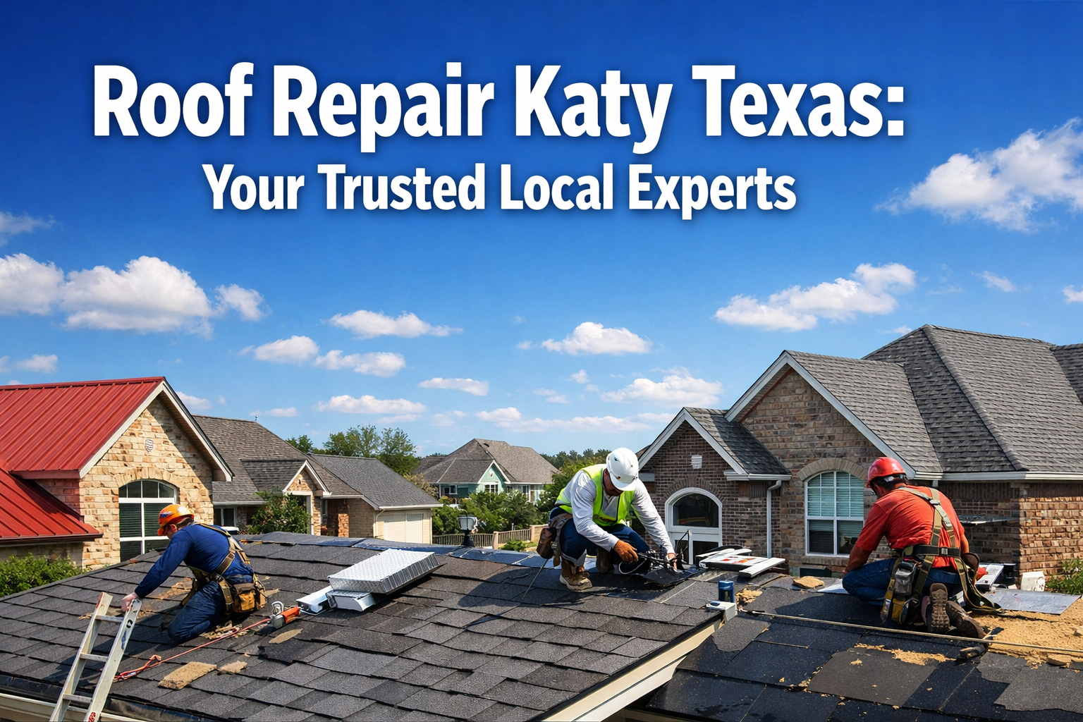 Professional landscape hero image (1536x1024) featuring bold text overlay 'Roof Repair Katy Texas: Your Trusted Local Experts' in extra larg