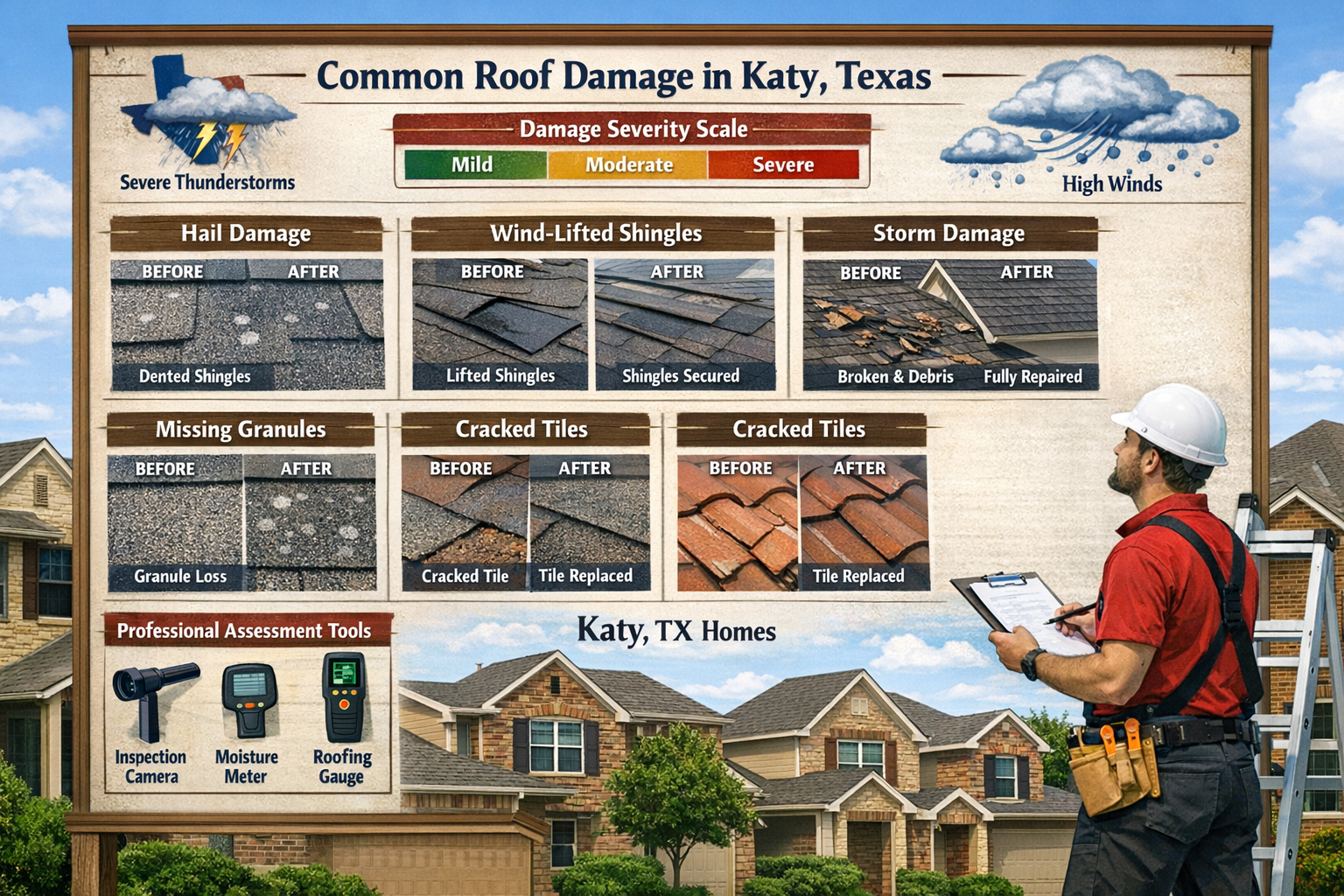 Detailed infographic showing common roof damage types in Katy Texas climate including hail damage on asphalt shingles, wind-lifted shingles,