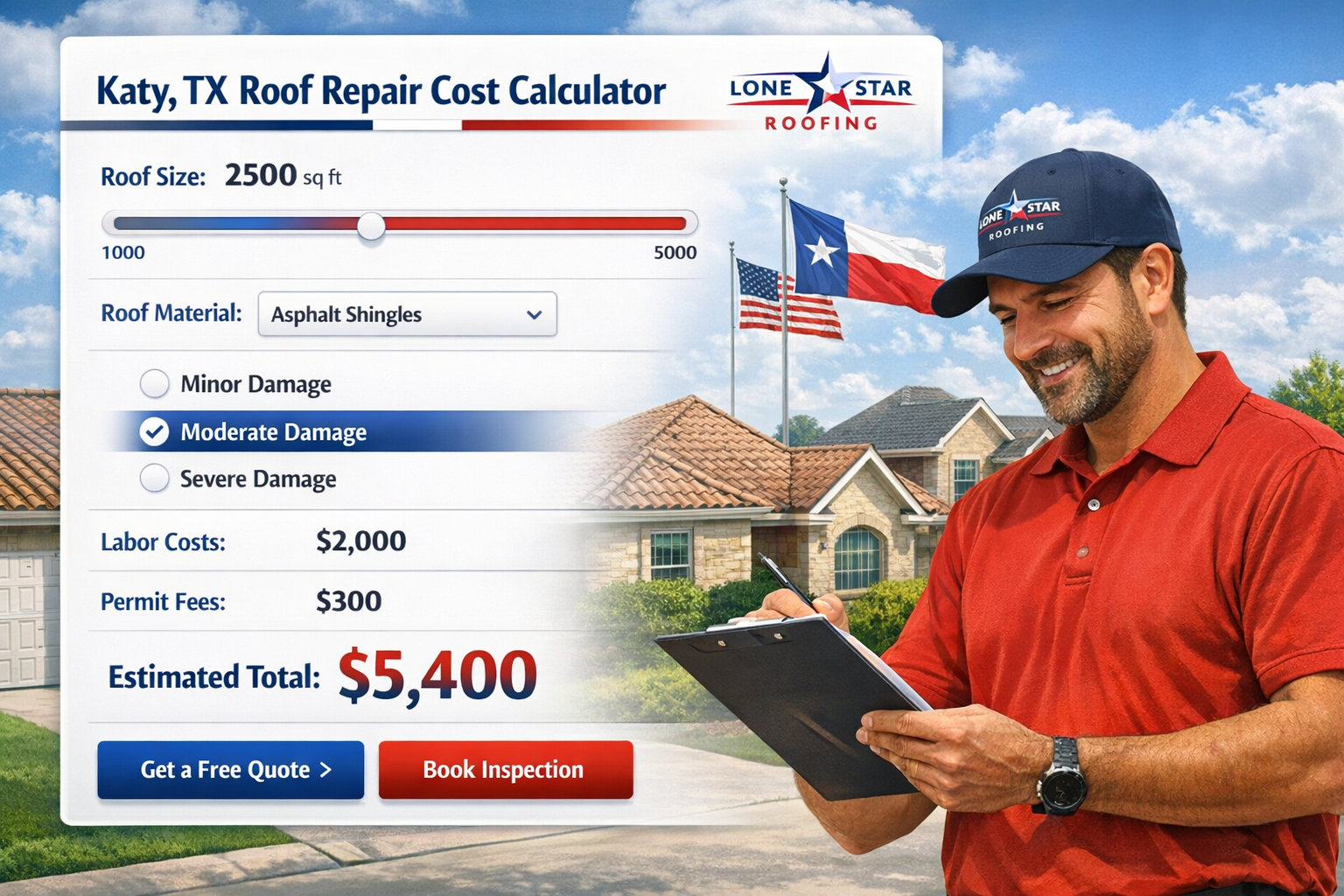 Interactive pricing calculator visualization showing roof repair costs in Katy Texas with different variables: roof size slider (1000-5000 s