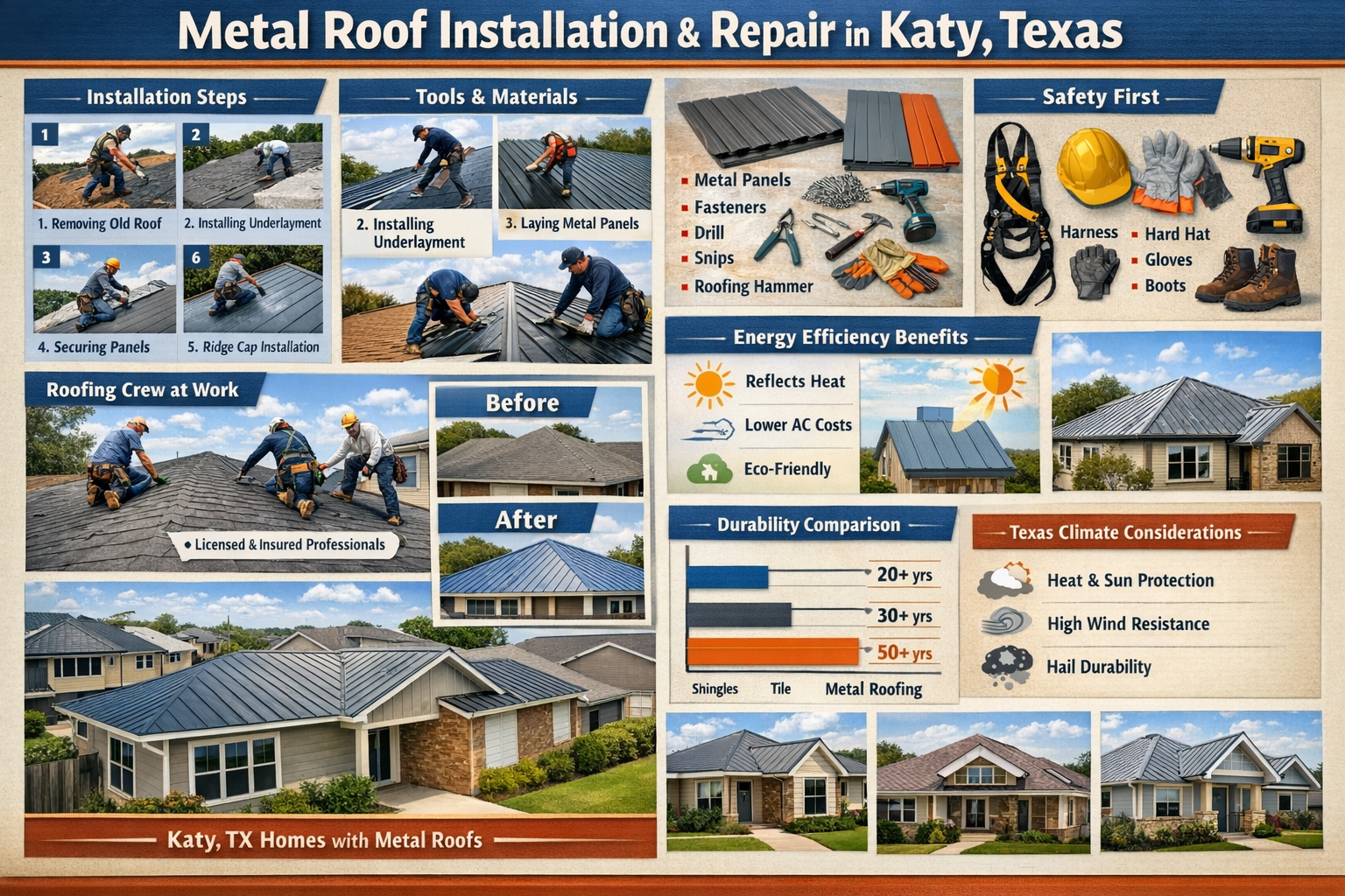 Comprehensive visual guide showing metal roof installation and repair process in Katy Texas featuring step-by-step installation photos, prof