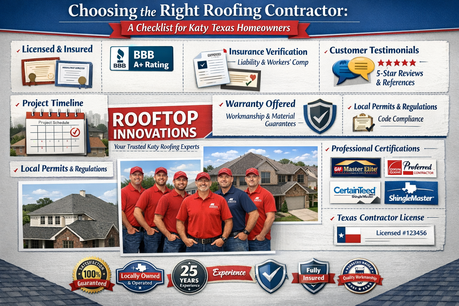 Professional roofing contractor selection checklist infographic for Katy Texas homeowners featuring licensed contractor credentials, insuran
