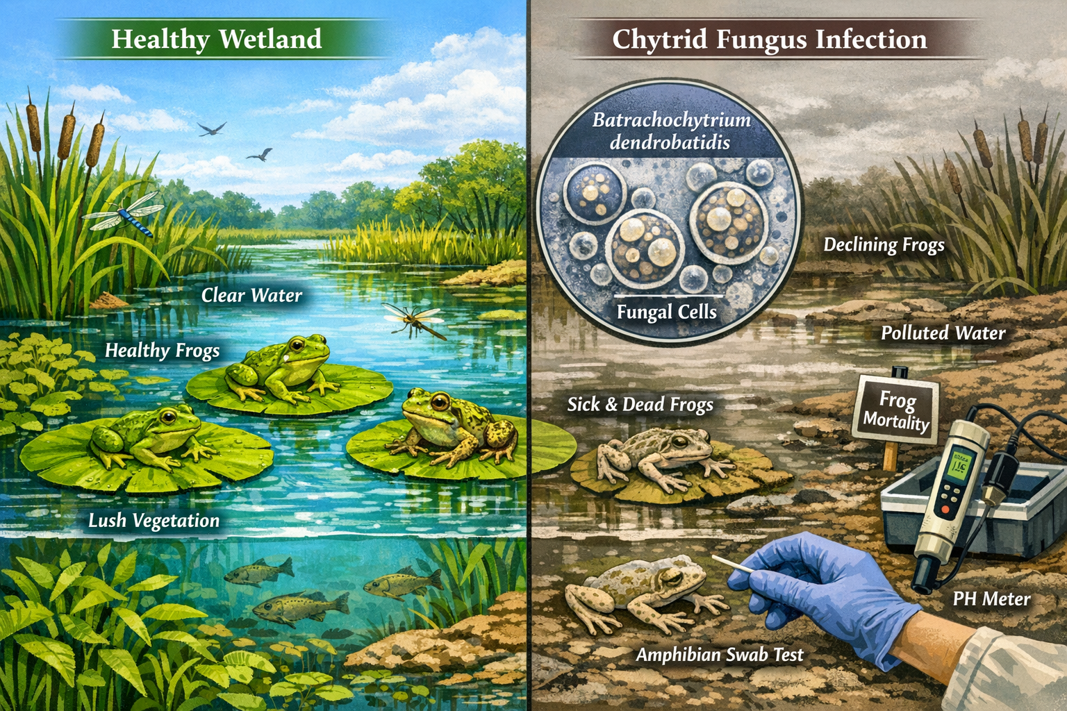() detailed illustration showing split-screen comparison: left side displays healthy amphibian population in pristine