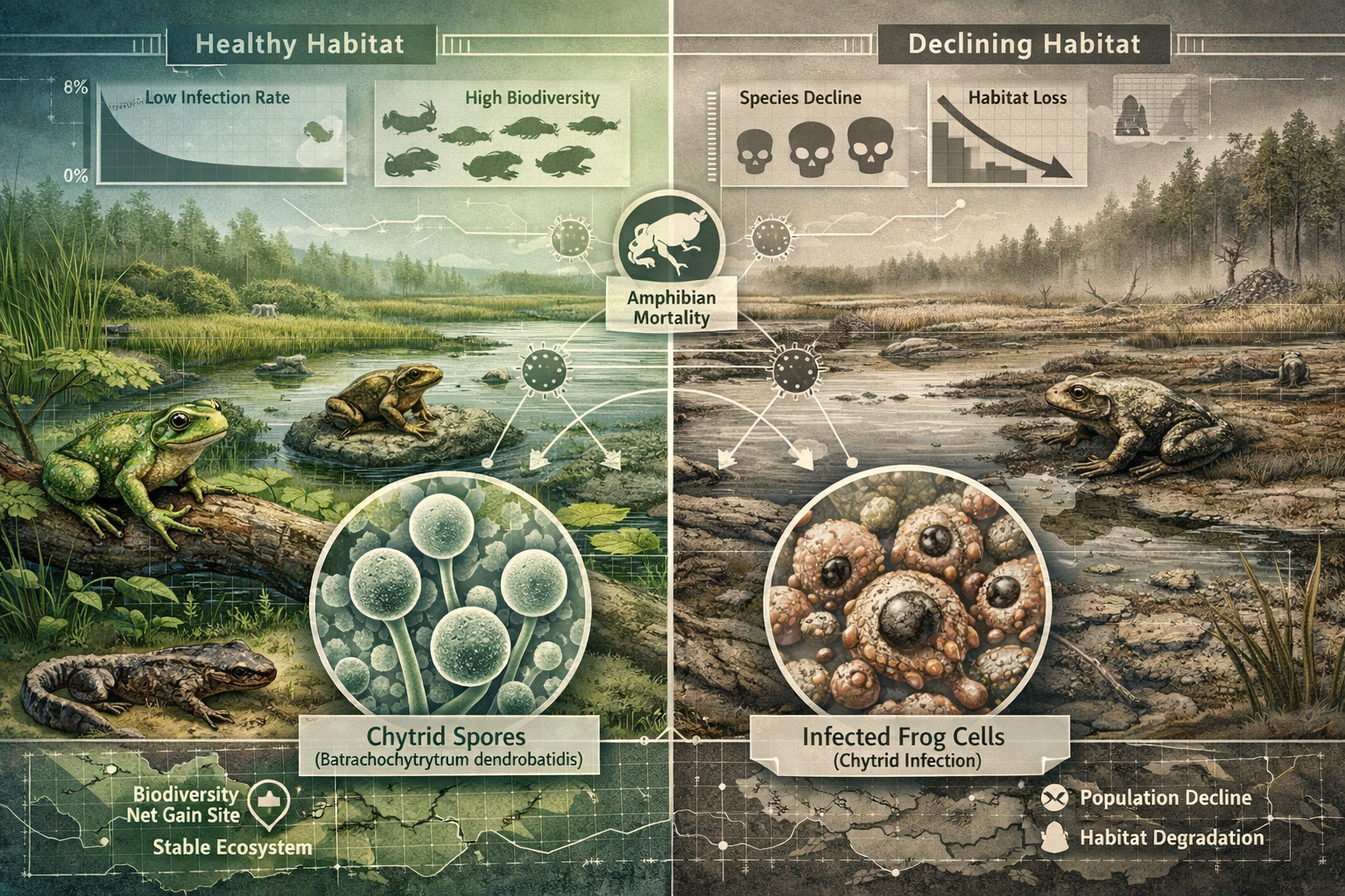 A scientifically detailed landscape visualization showing the ecological impact of Batrachochytrium dendrobatidis (chytrid