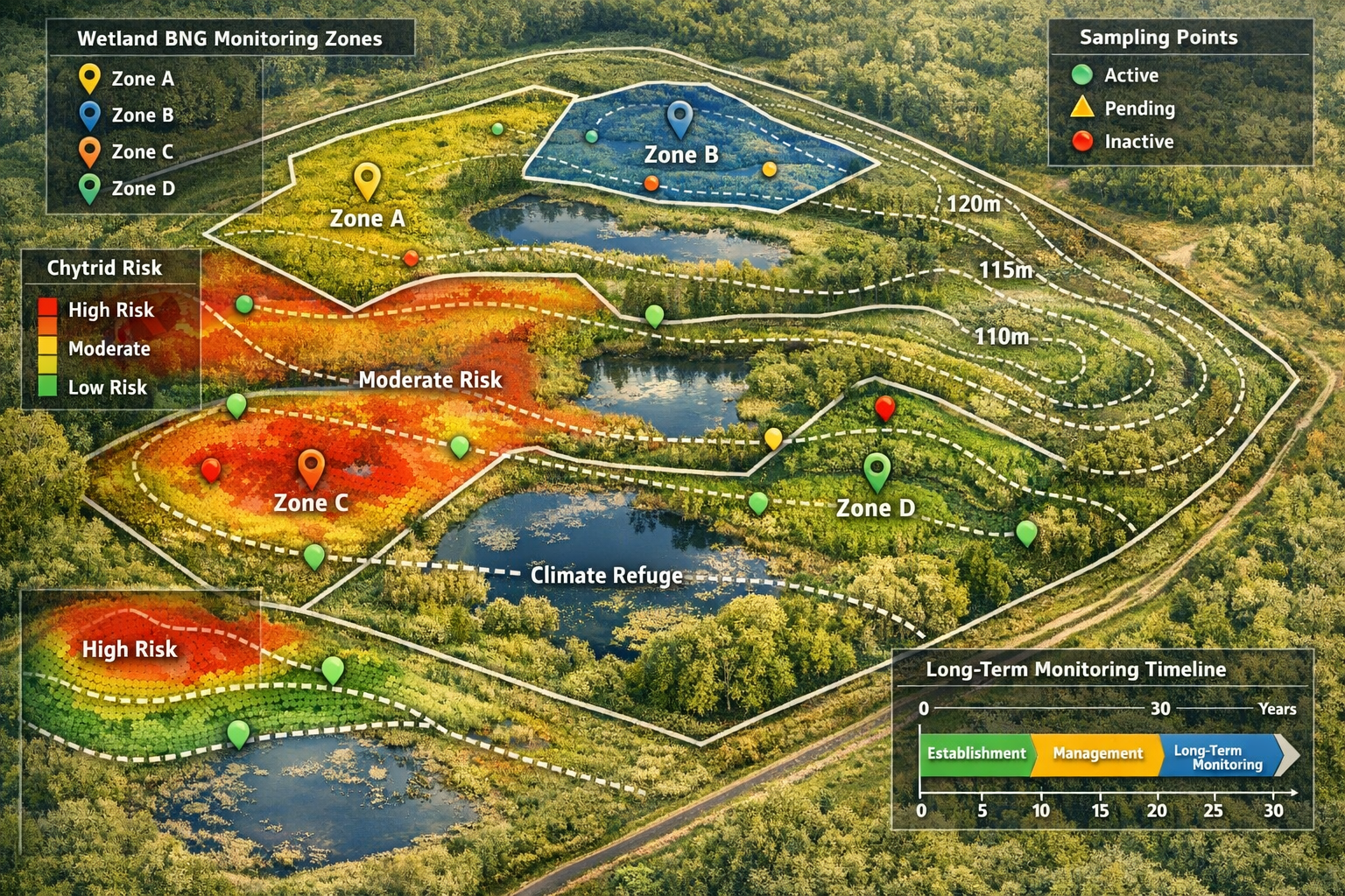 () conceptual map visualization showing restored wetland BNG site with multiple monitoring zones marked by colored pins and
