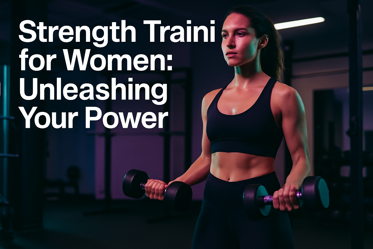 Professional landscape hero image (1536x1024) featuring bold text overlay 'Strength Training for Women: Unleashing Your Power' in extra larg