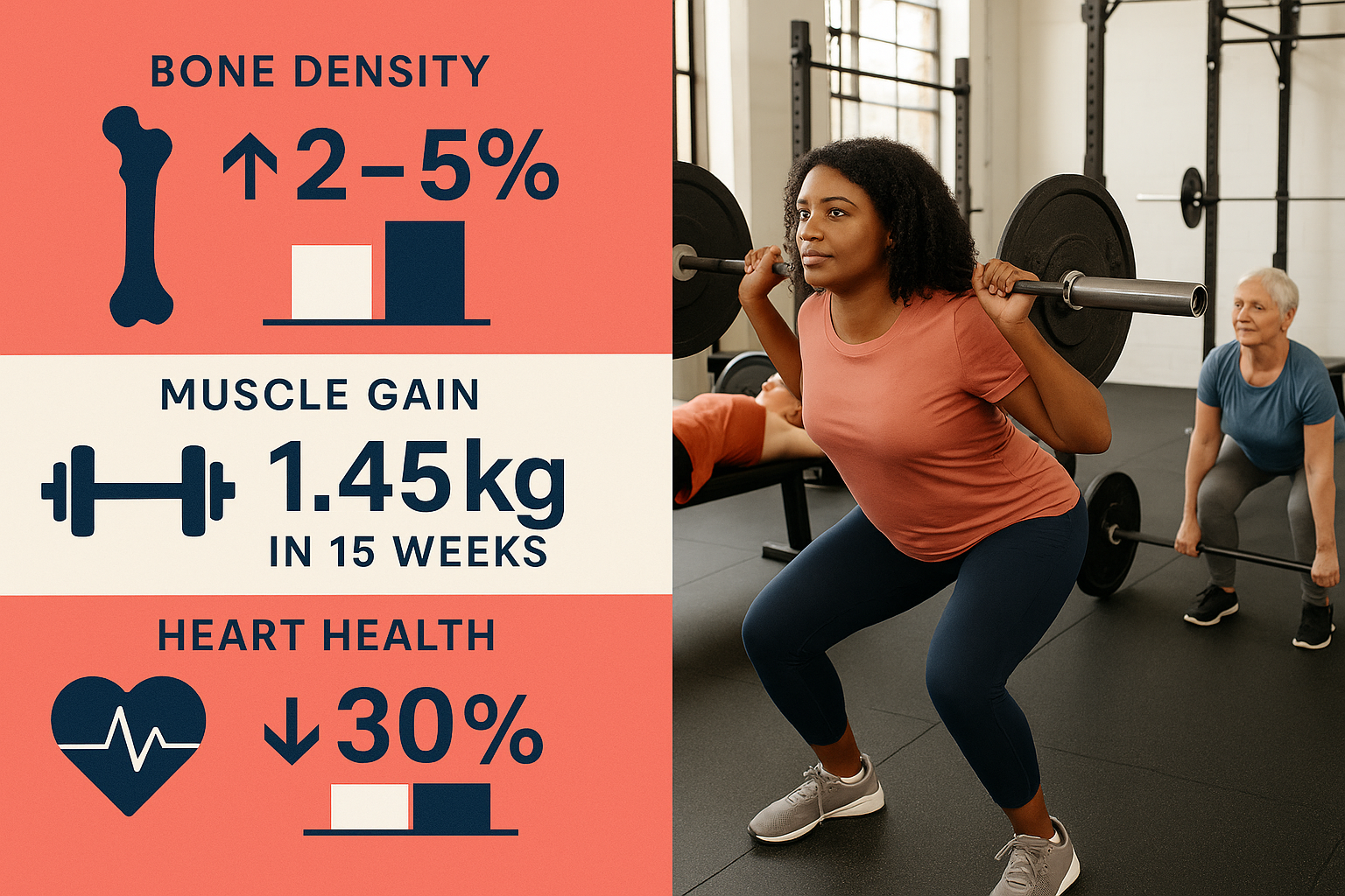Editorial landscape image (1536x1024) showing split composition: left side displays scientific infographic with bone density increase statis