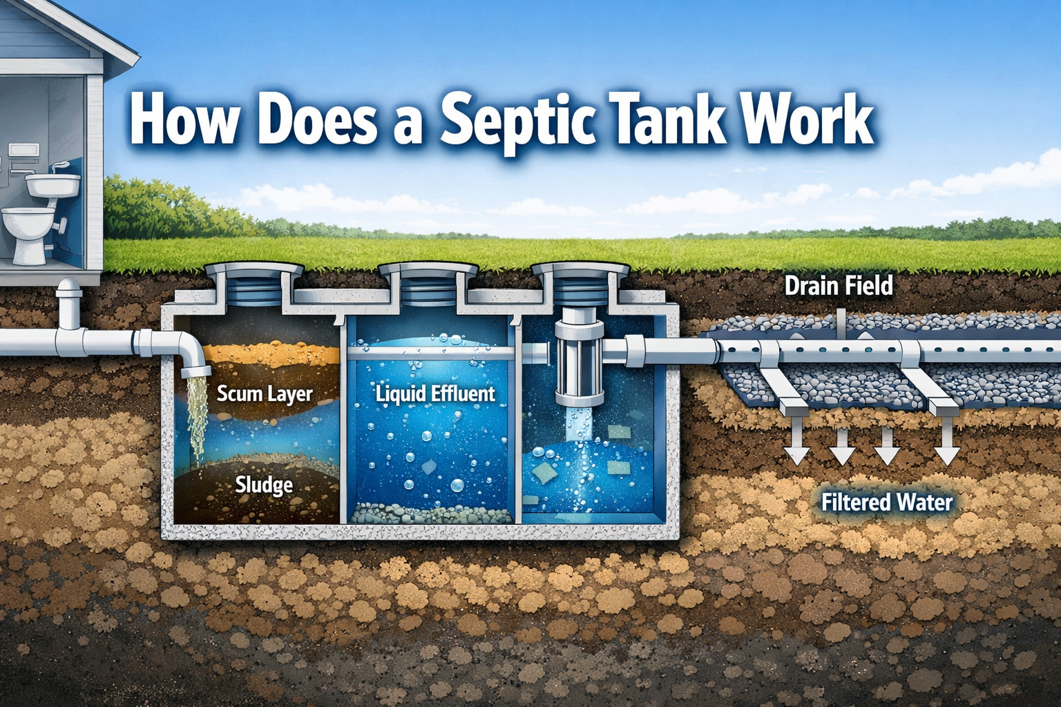 Professional landscape format (1536x1024) hero image featuring bold text overlay 'How Does a Septic Tank Work' in extra large 72pt white san